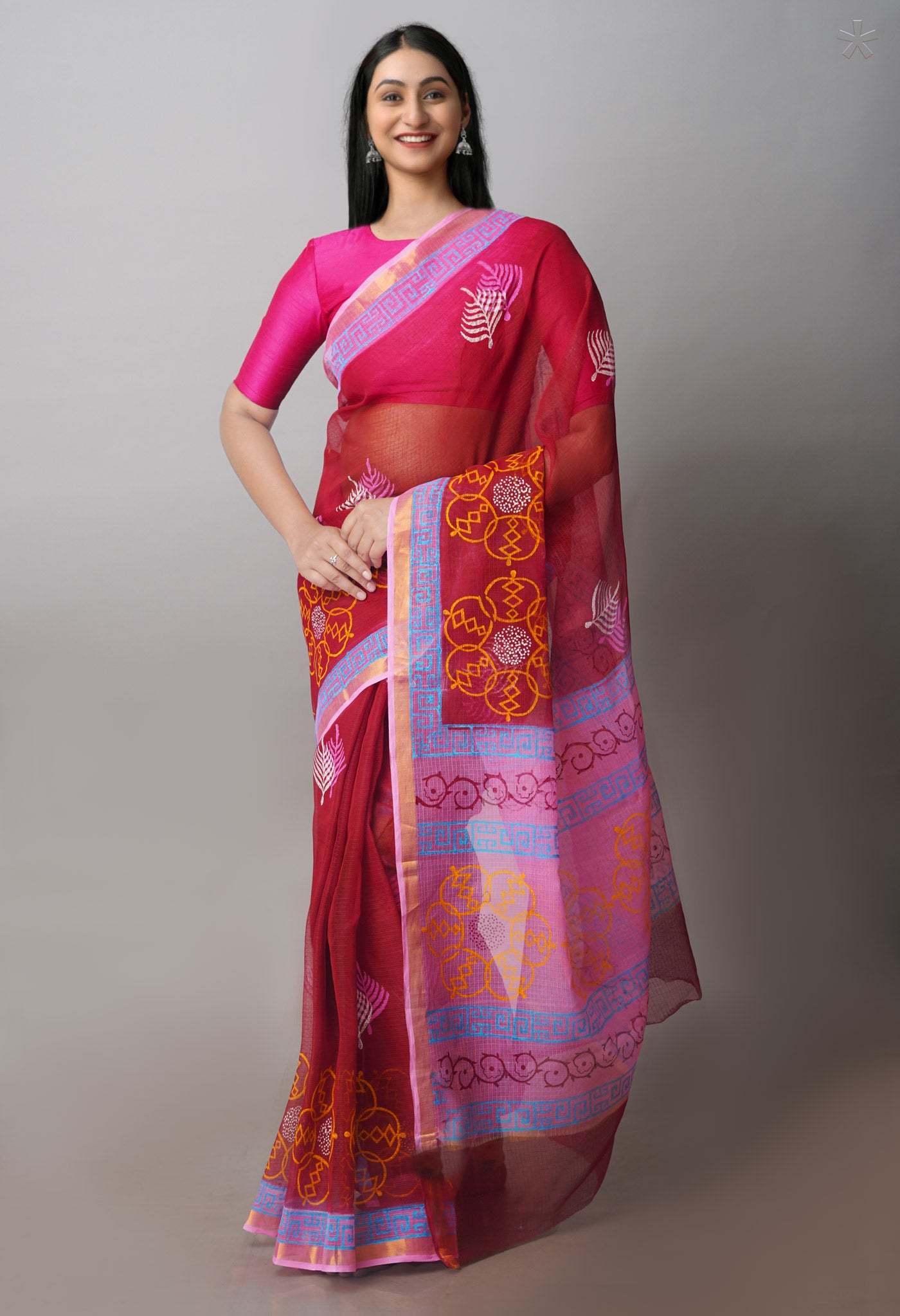 Maroon Pure Block Printed Kota Cotton Sarees-UNM71051