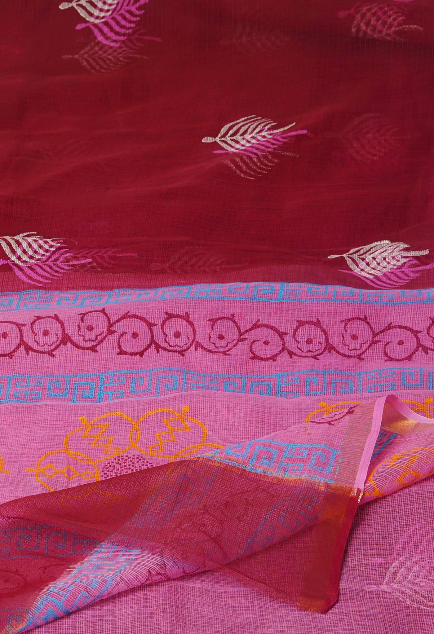 Maroon Pure Block Printed Kota Cotton Sarees-UNM71051