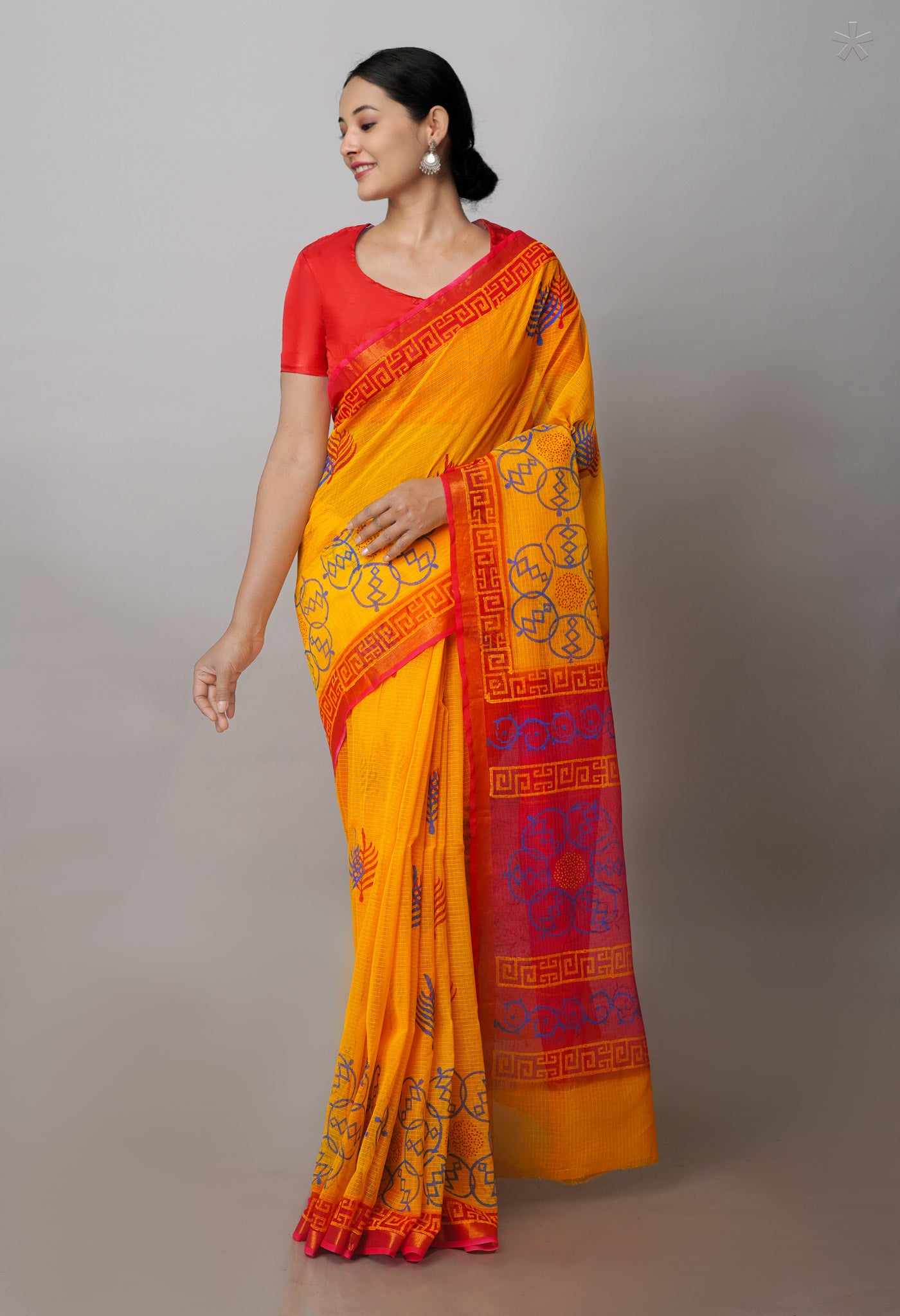 Yellow Pure Block Printed Kota Cotton Sarees-UNM71053