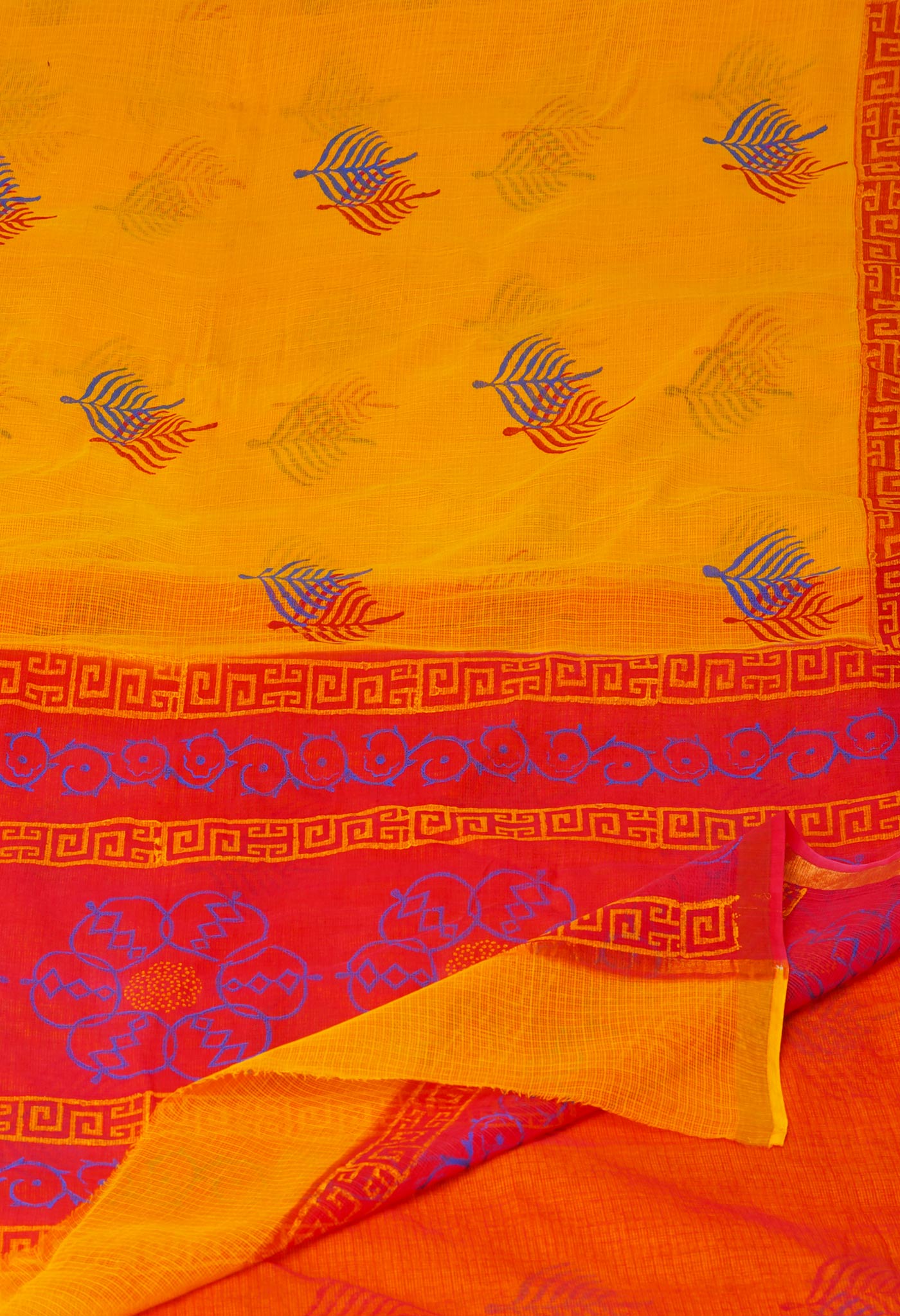 Yellow Pure Block Printed Kota Cotton Sarees-UNM71053