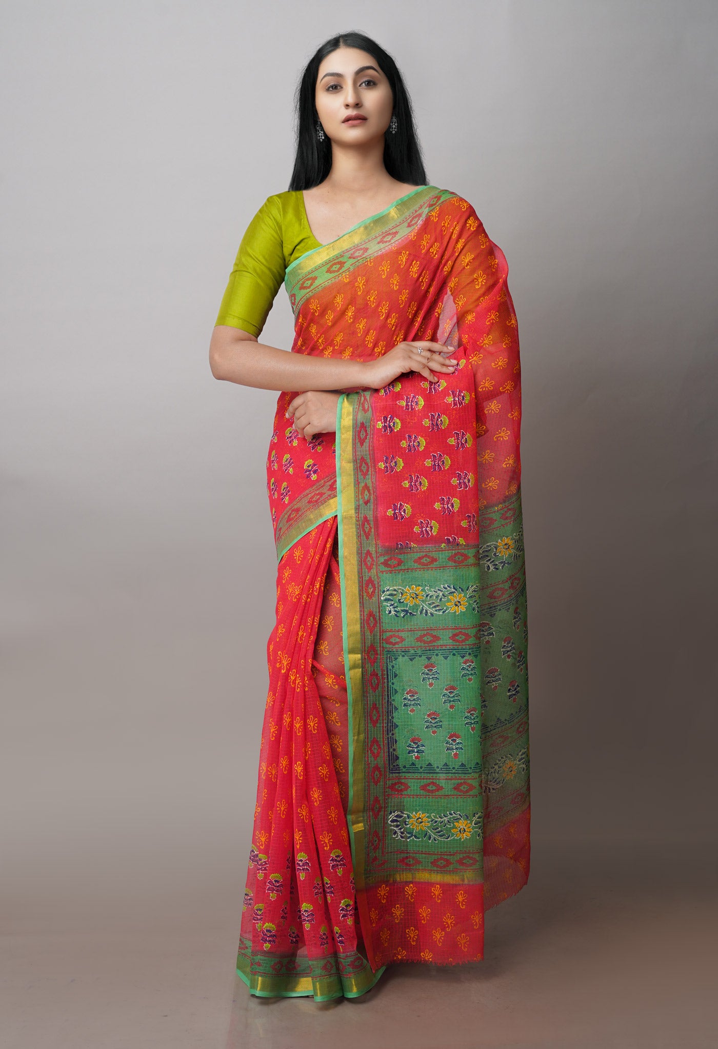 Red Pure Block Printed Kota Cotton Sarees-UNM71080