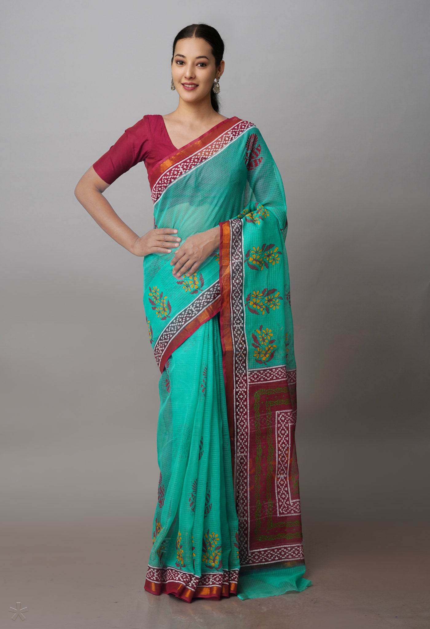Green Pure Block Printed Kota Cotton Sarees-UNM71081