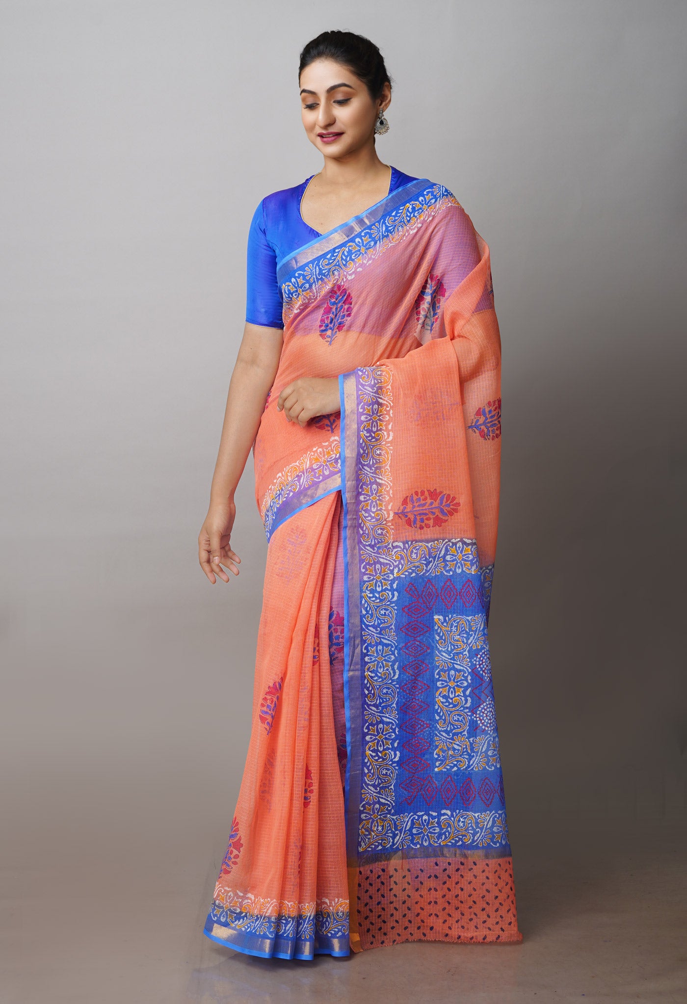 Peach Orange Pure Block Printed Kota Cotton Sarees-UNM71084