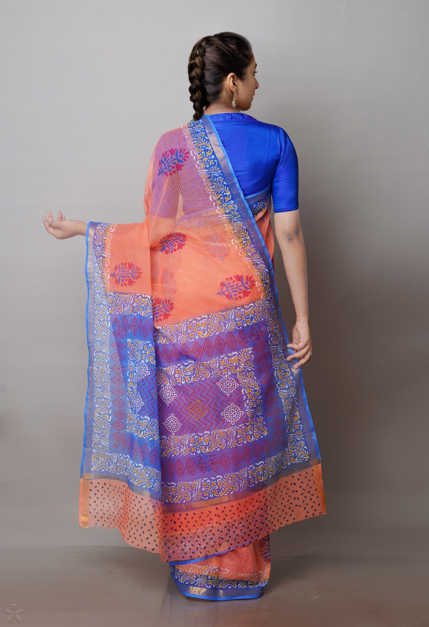Peach Orange Pure Block Printed Kota Cotton Sarees-UNM71084