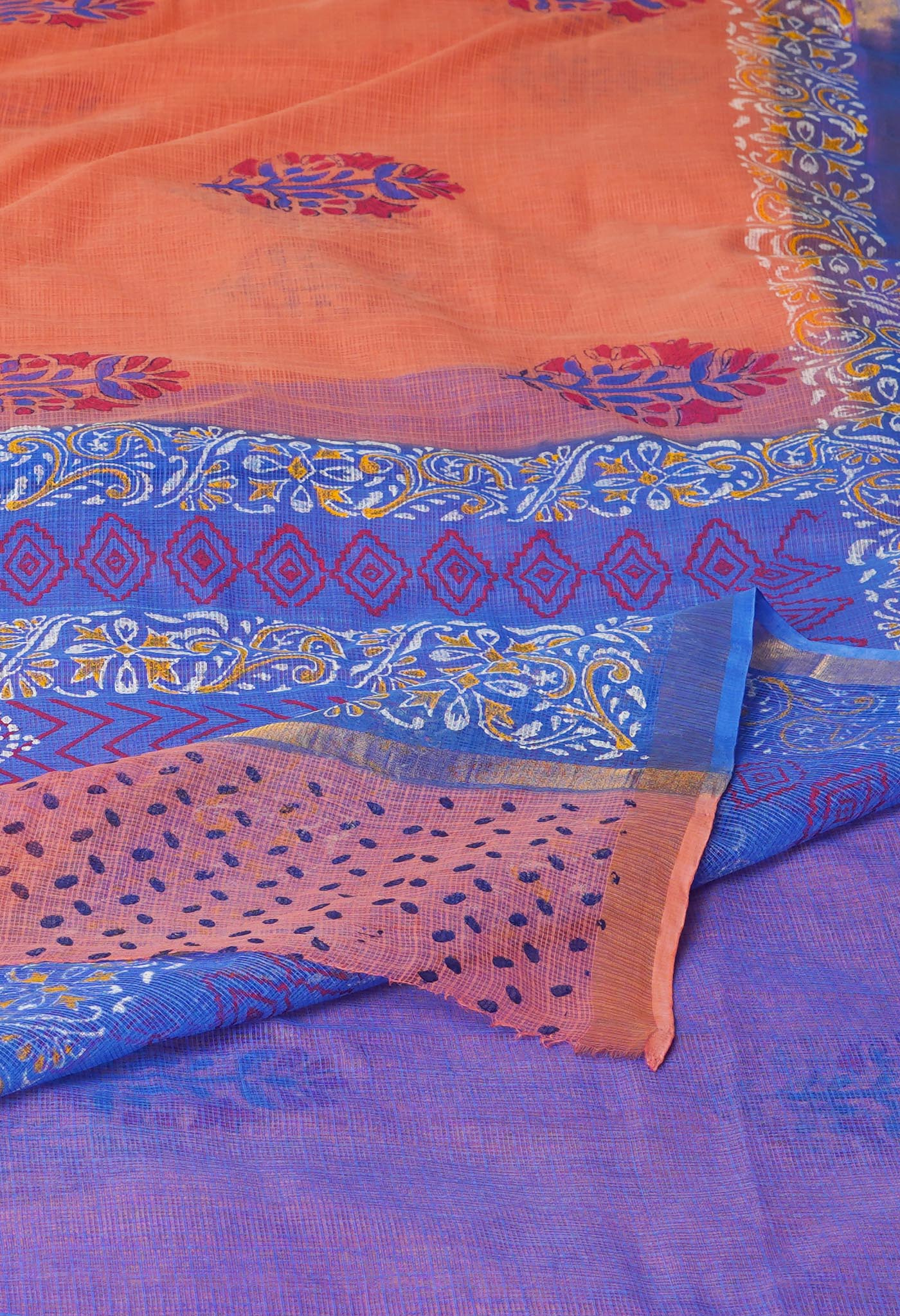 Peach Orange Pure Block Printed Kota Cotton Sarees-UNM71084
