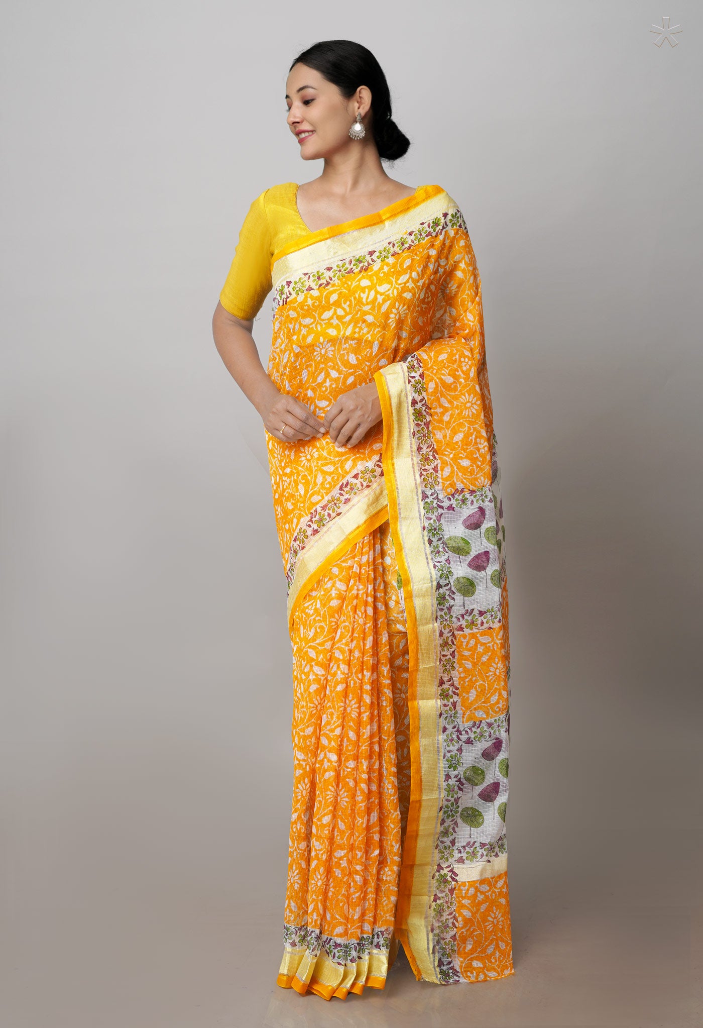 Orange Pure Block Printed Kota Cotton Saree- UNM71105