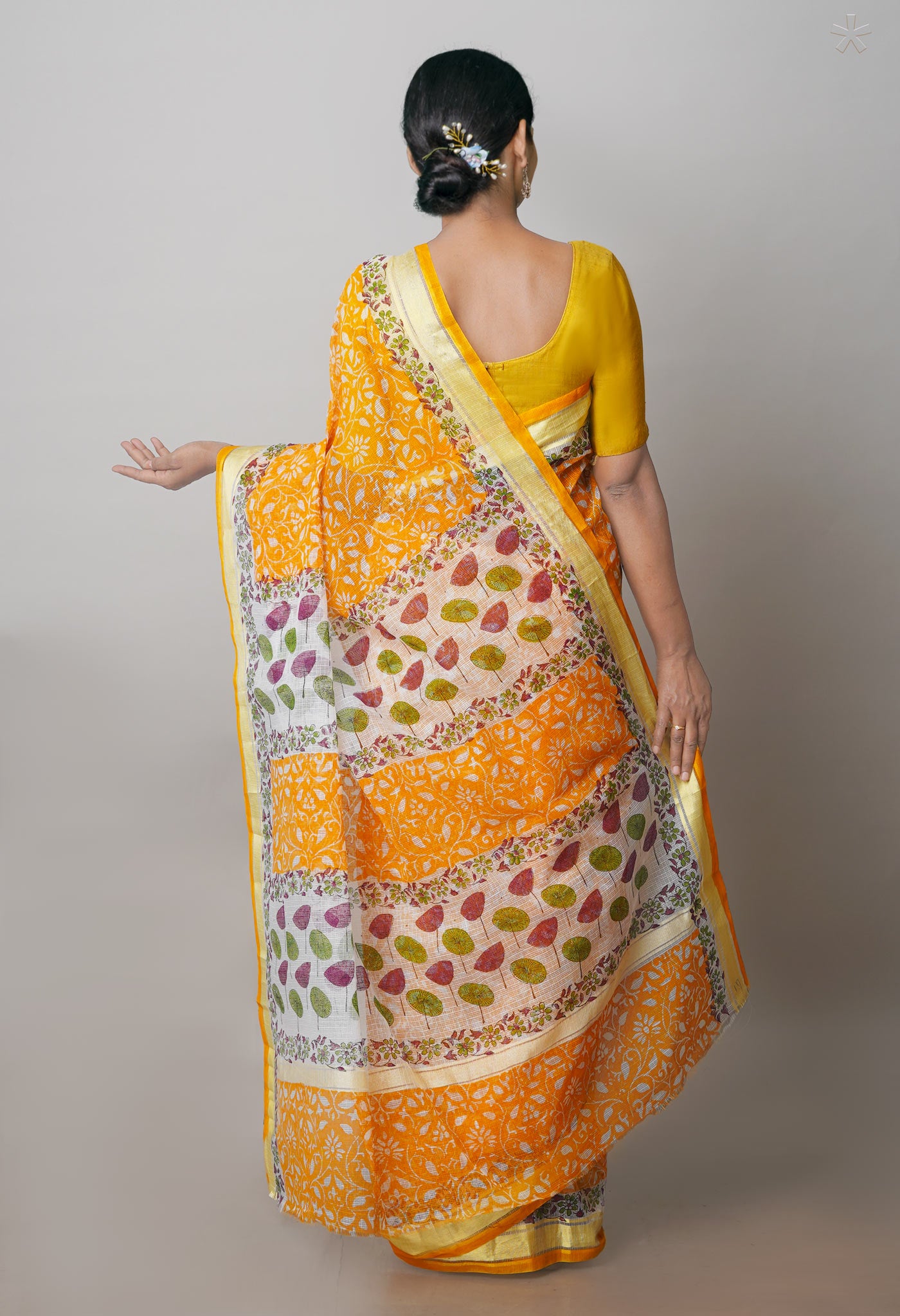 Orange Pure Block Printed Kota Cotton Saree- UNM71105