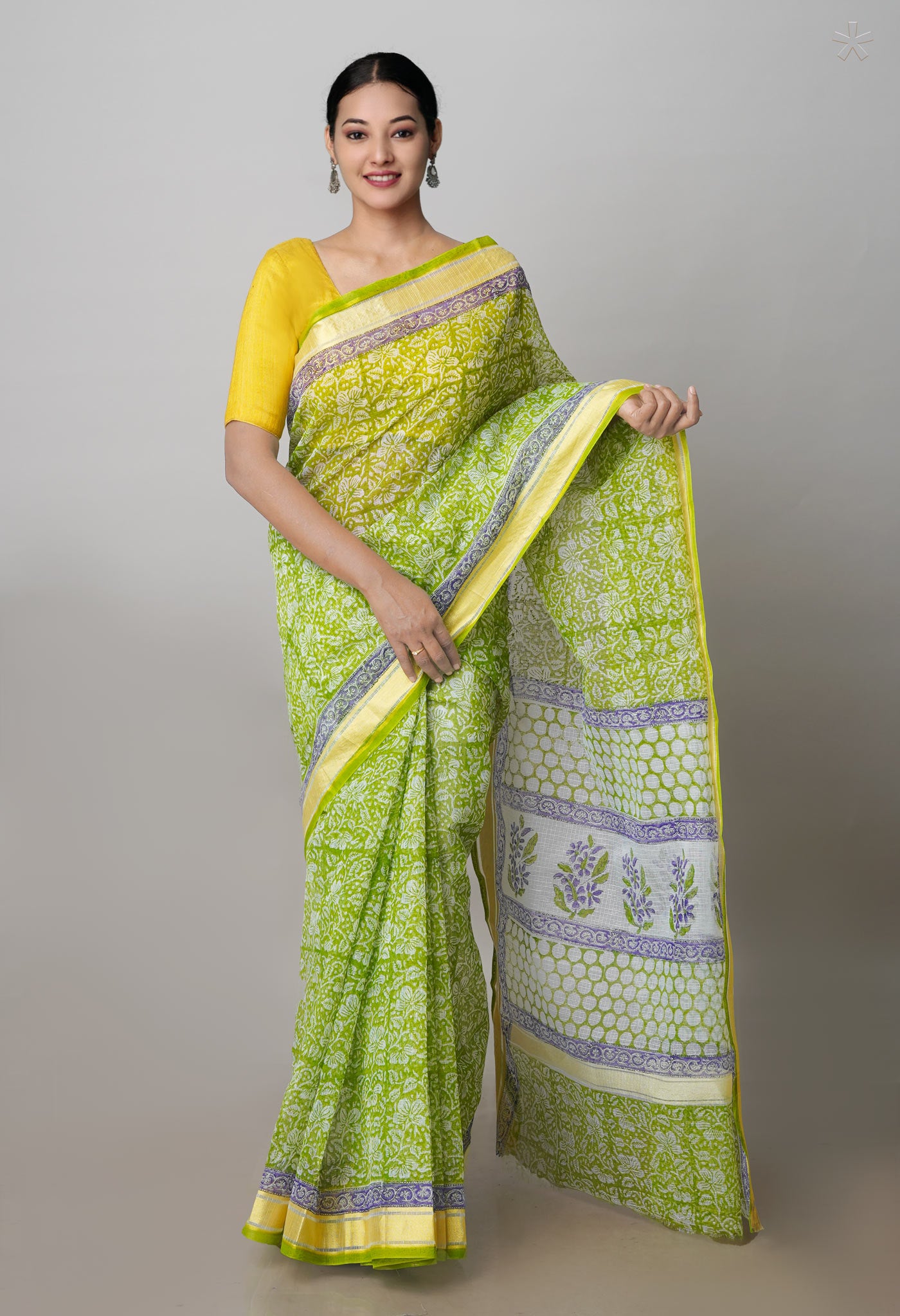 Green Pure Block Printed Kota Cotton Saree- UNM71109