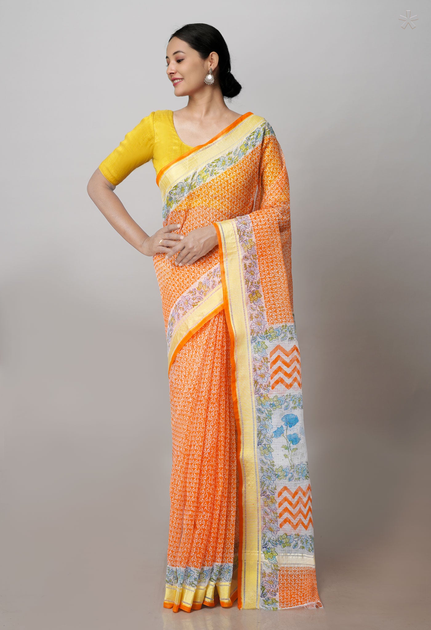 Orange Pure Block Printed Kota Cotton Saree- UNM71116