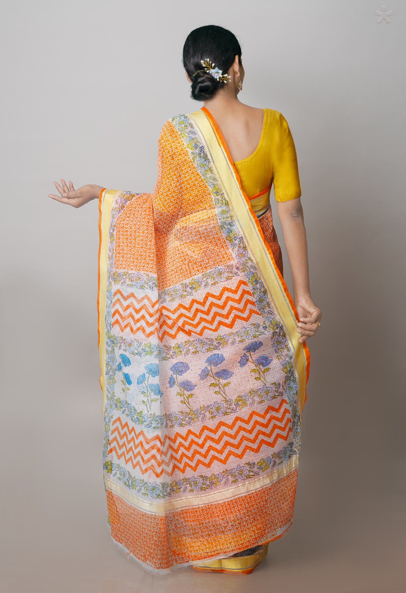 Orange Pure Block Printed Kota Cotton Saree- UNM71116