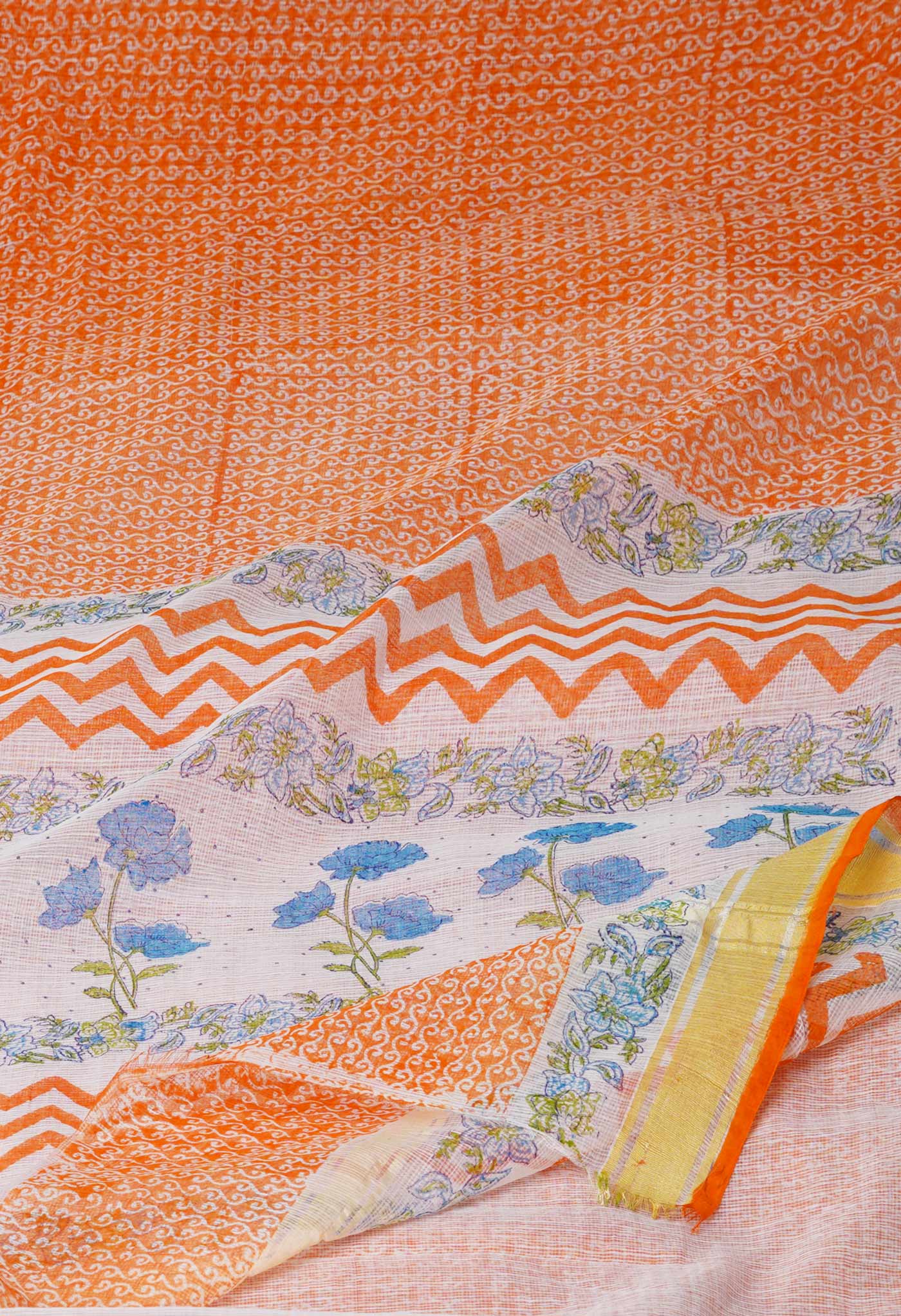 Orange Pure Block Printed Kota Cotton Saree- UNM71116
