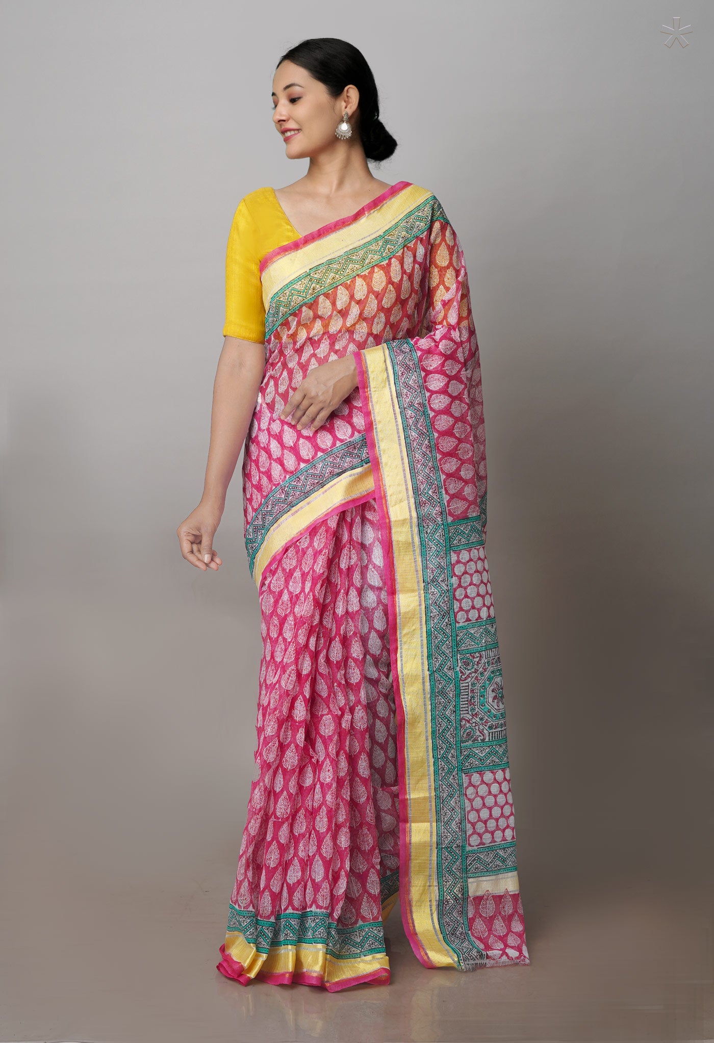 Pink Pure Block Printed Kota Cotton Saree- UNM71123