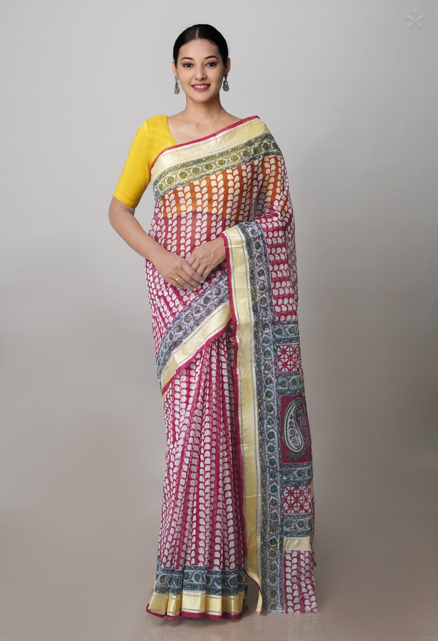 Maroon Pure Block Printed Kota Cotton Saree- UNM71125