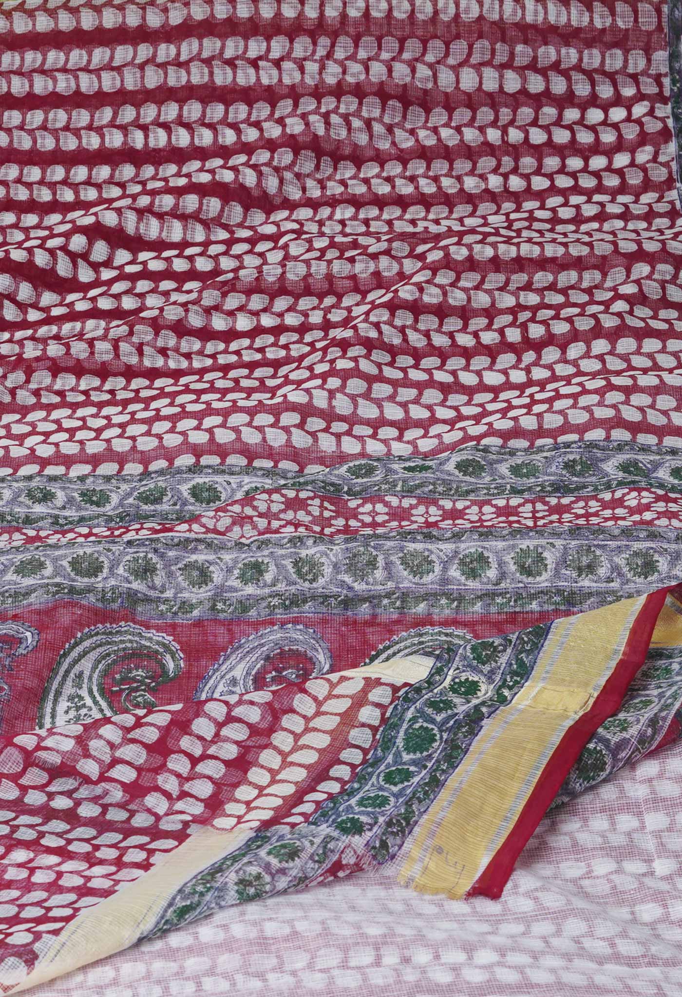 Maroon Pure Block Printed Kota Cotton Saree- UNM71125