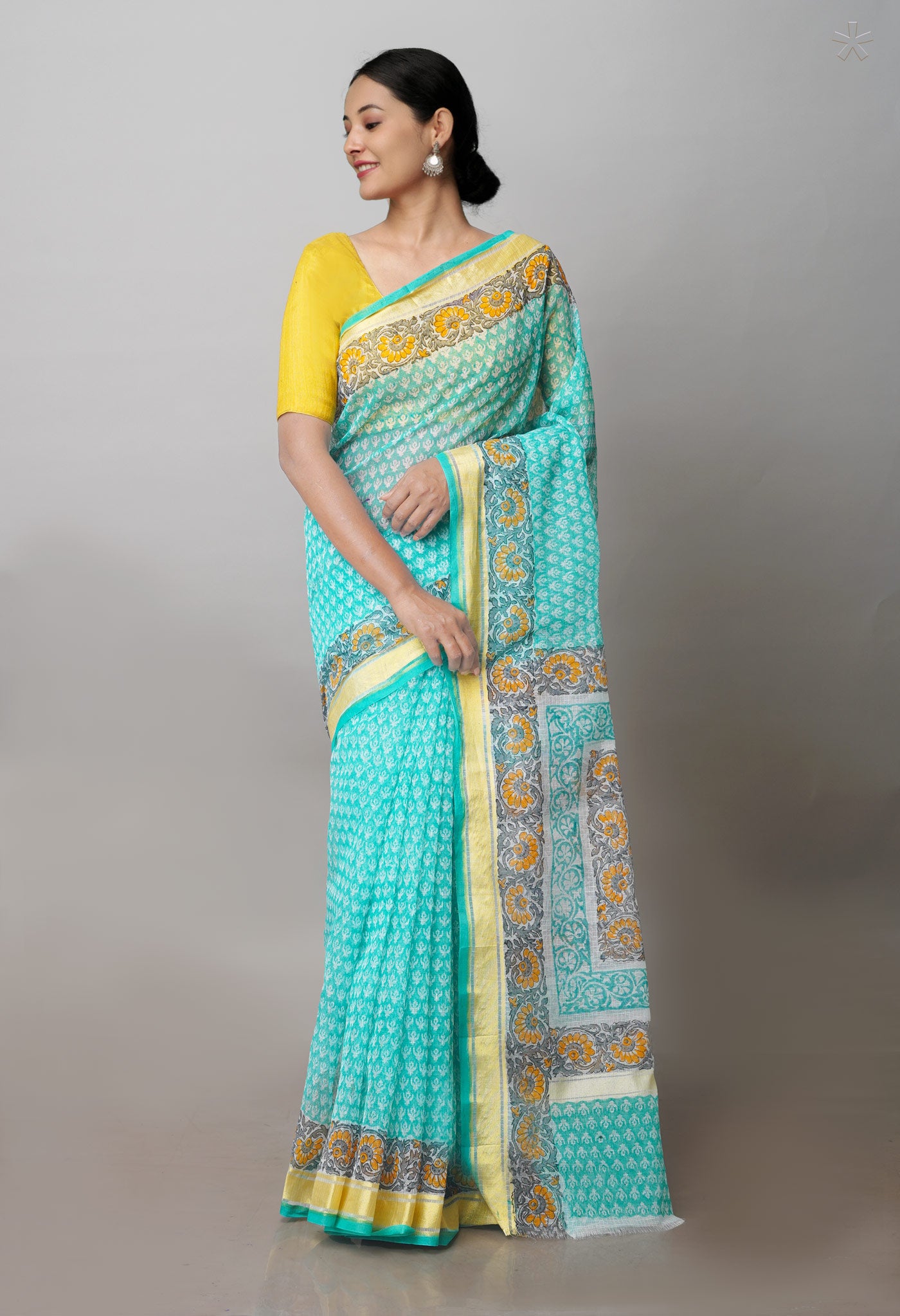 Turquoise Green Pure Block Printed Kota Cotton Saree- UNM71127