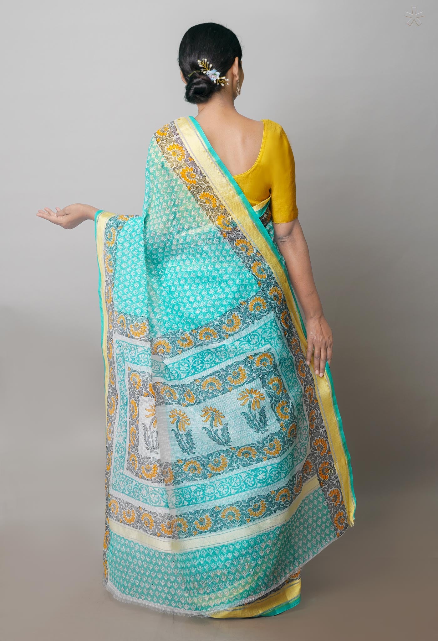 Turquoise Green Pure Block Printed Kota Cotton Saree- UNM71127