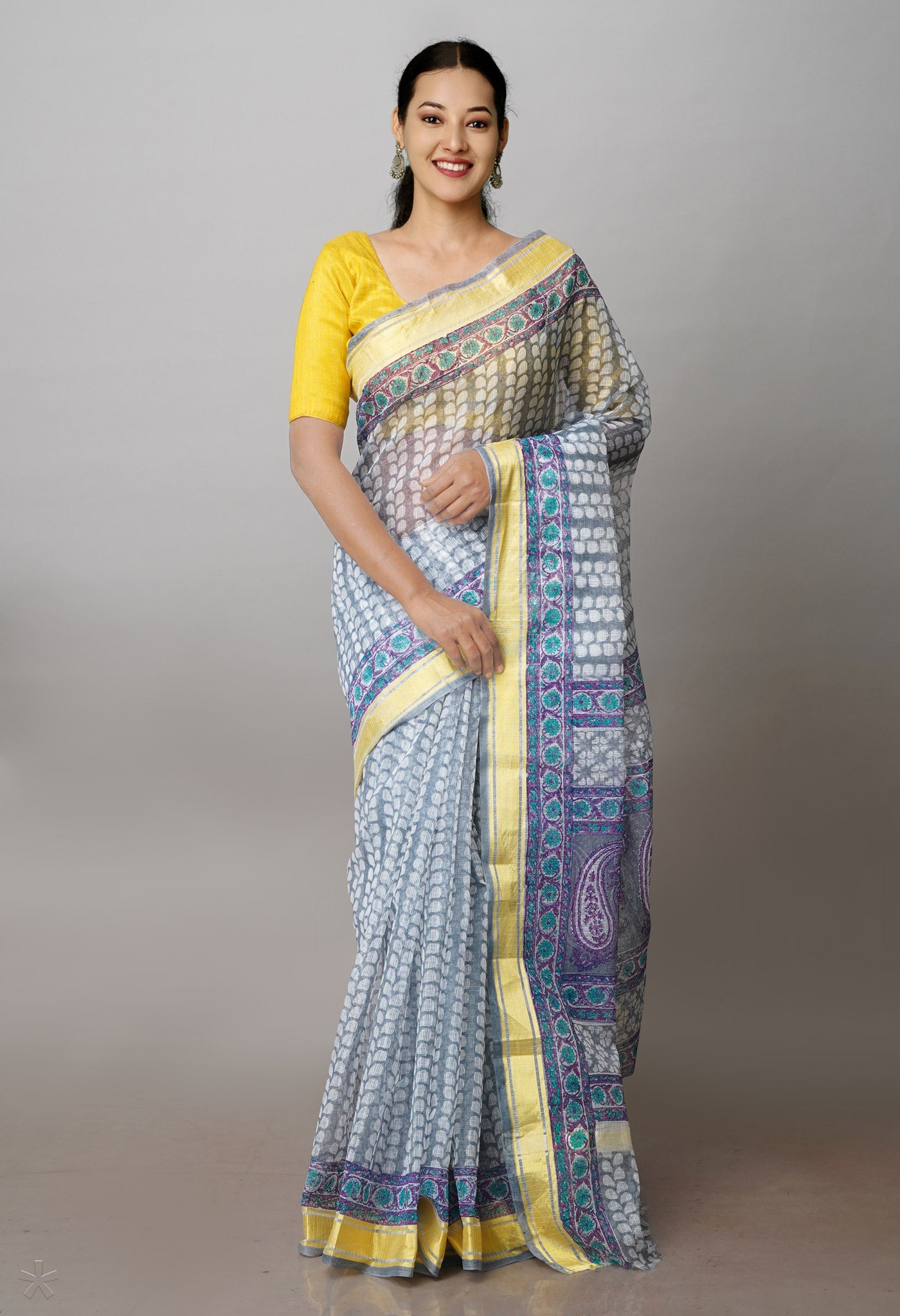 Grey Pure Block Printed Kota Cotton Saree- UNM71131