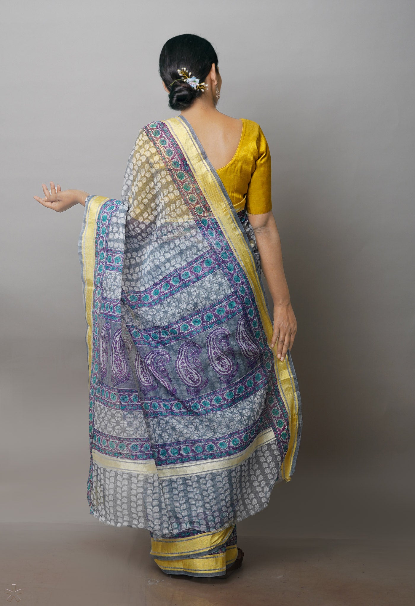 Grey Pure Block Printed Kota Cotton Saree- UNM71131