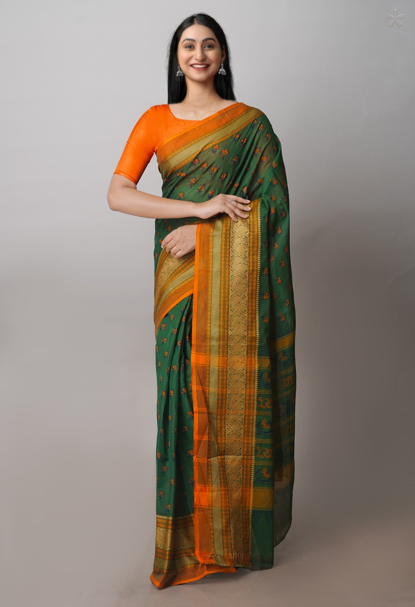 Green Chettinadu Block Printed Cotton Saree-UNM71146
