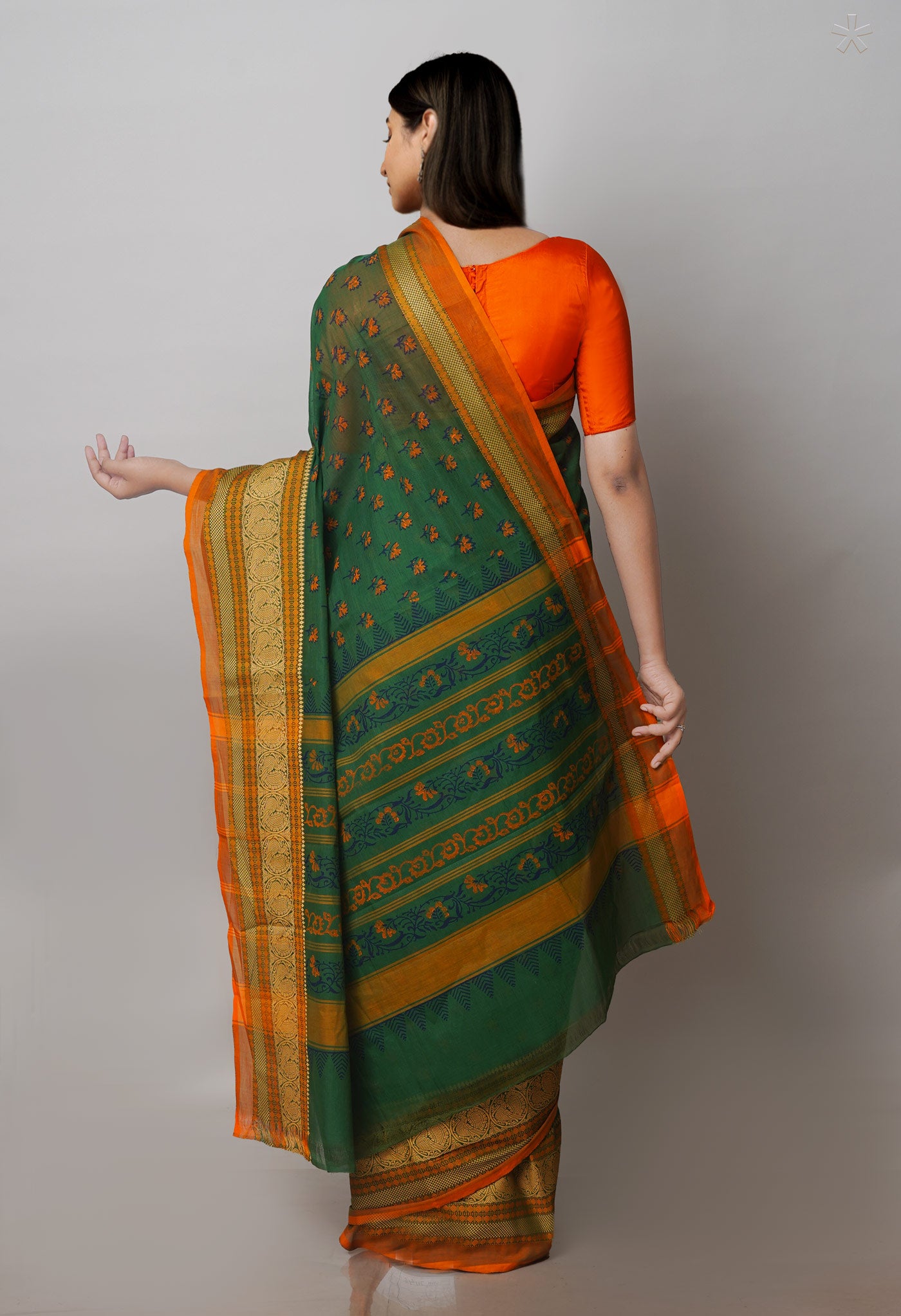 Green Chettinadu Block Printed Cotton Saree-UNM71146