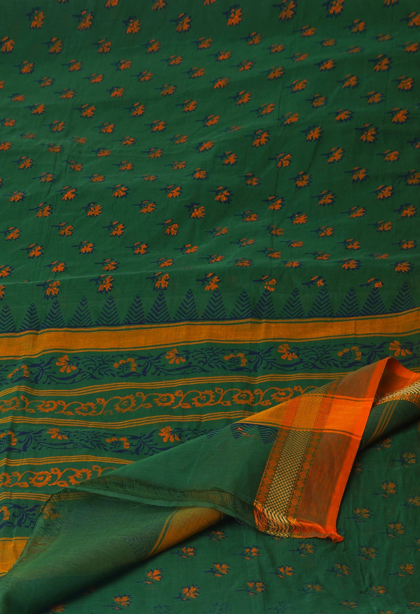 Green Chettinadu Block Printed Cotton Saree-UNM71146