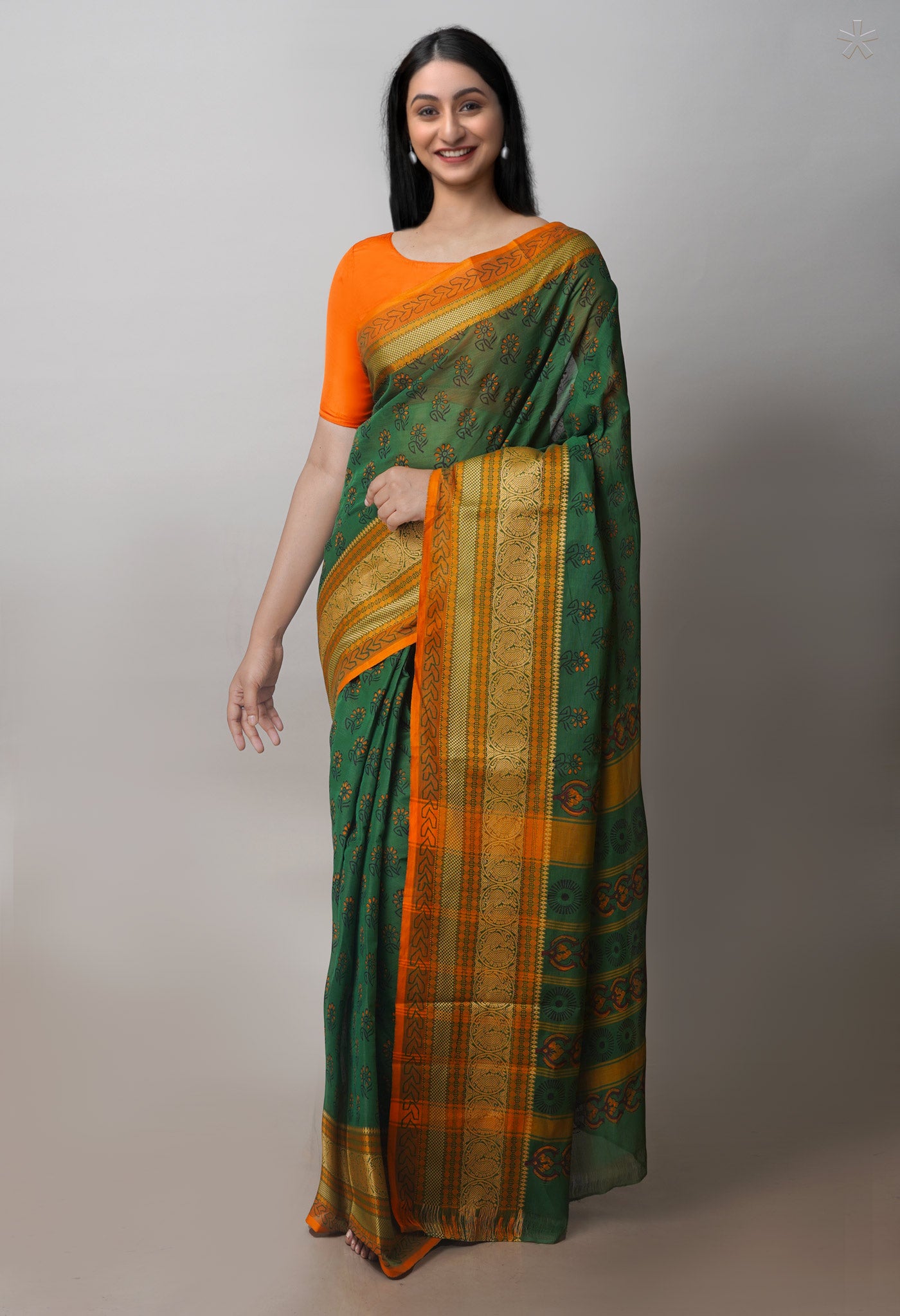 Green Chettinadu Block Printed Cotton Saree-UNM71149