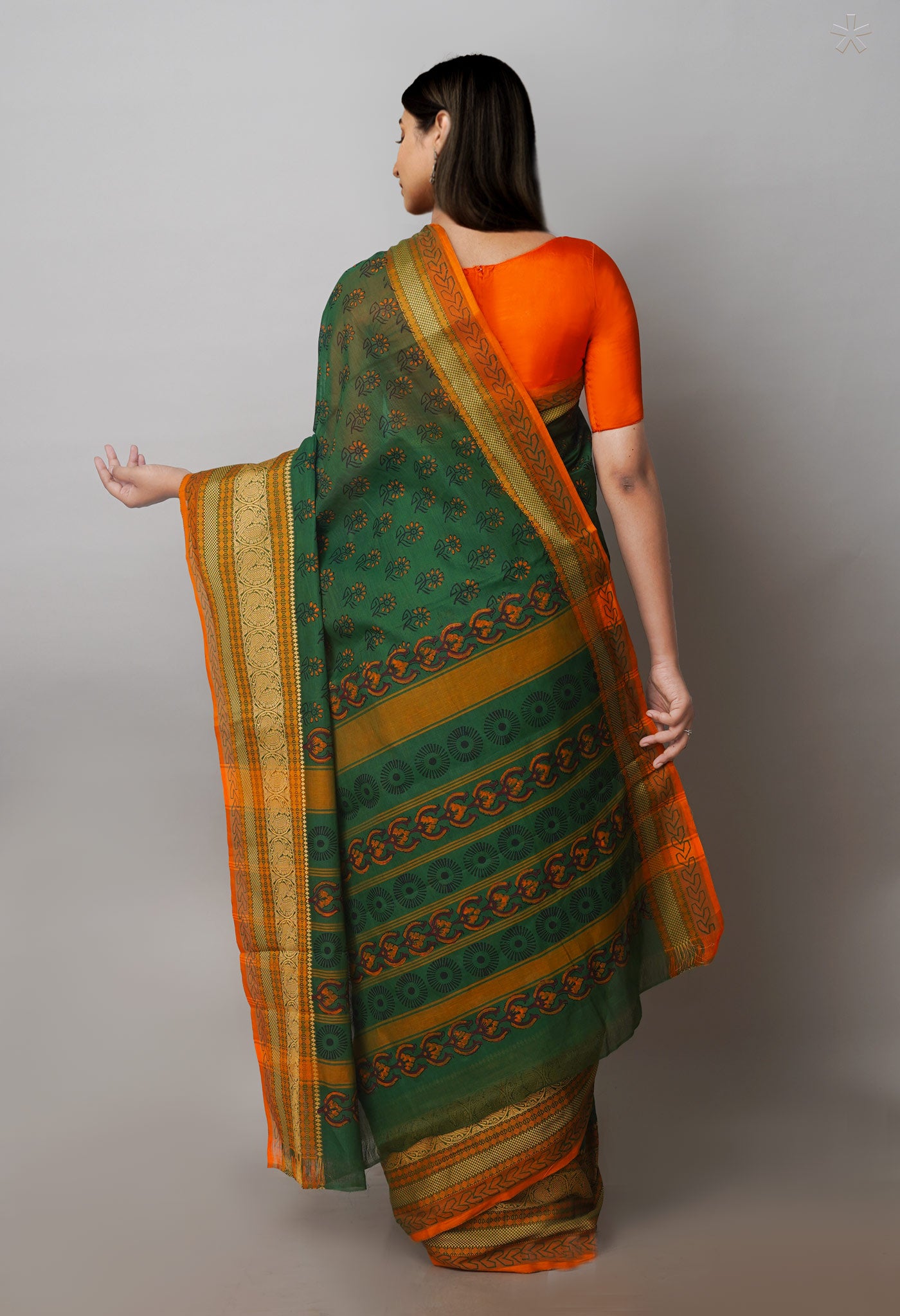 Green Chettinadu Block Printed Cotton Saree-UNM71149