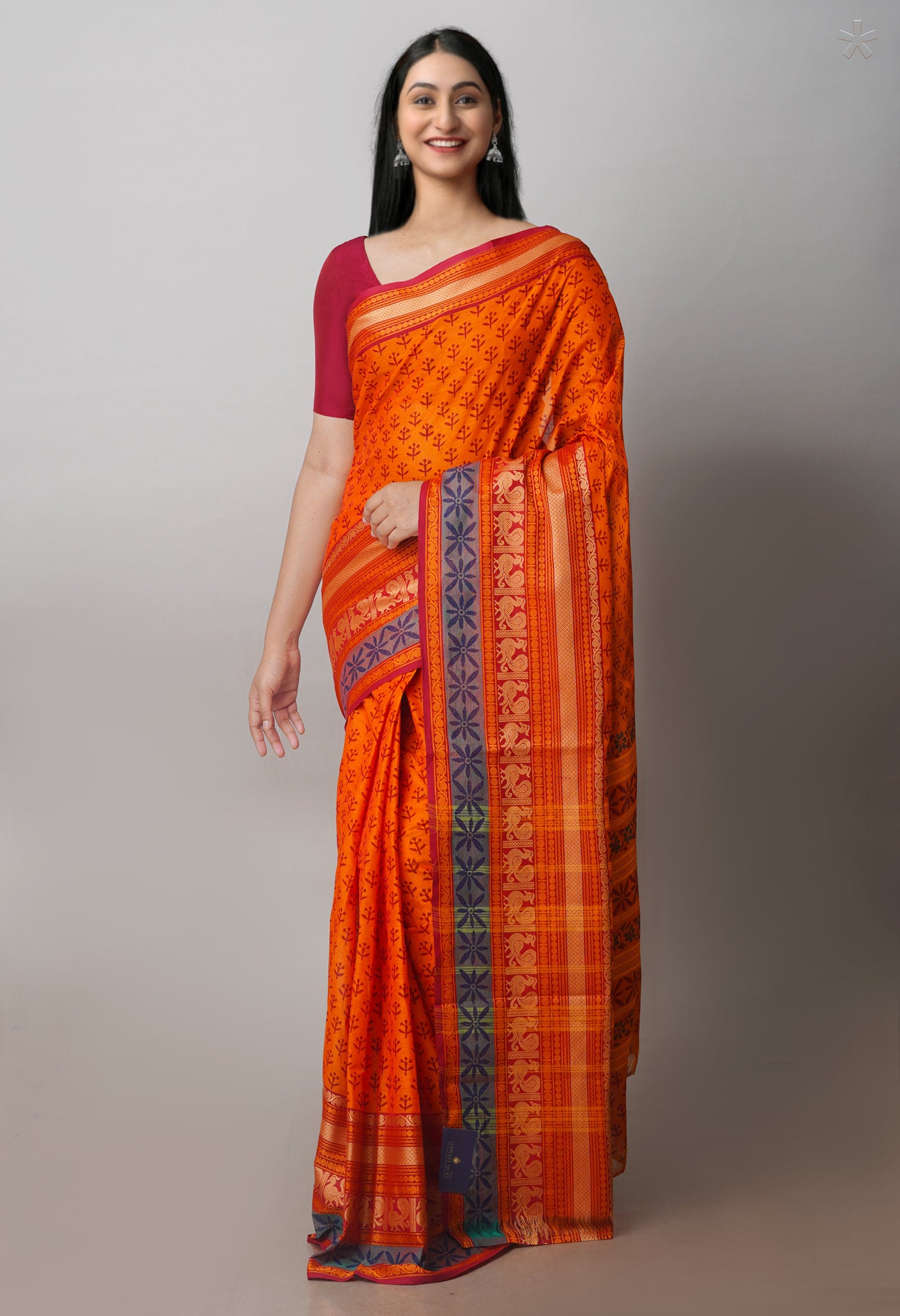 Orange Chettinadu Block Printed Cotton Saree-UNM71150