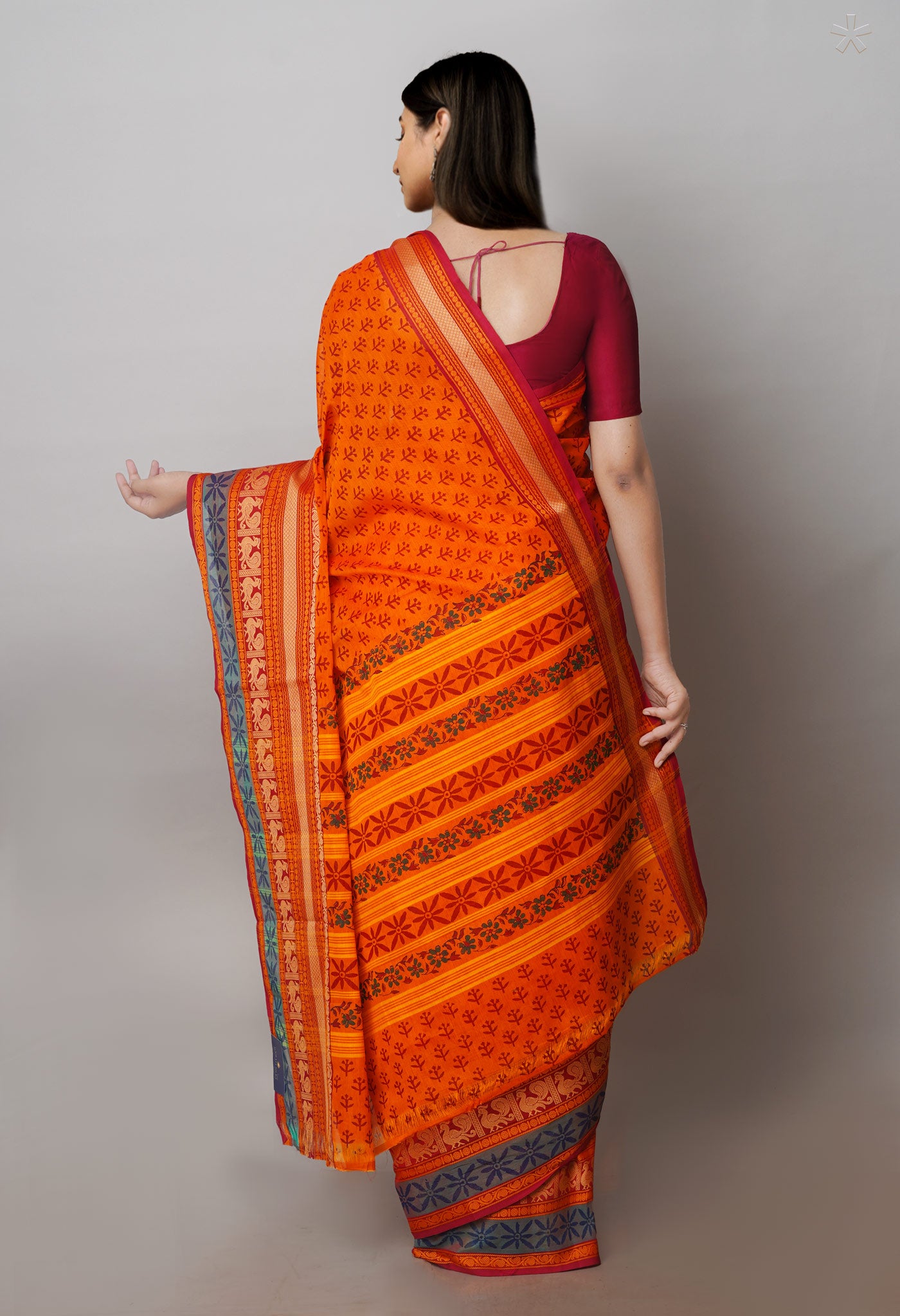 Orange Chettinadu Block Printed Cotton Saree-UNM71150