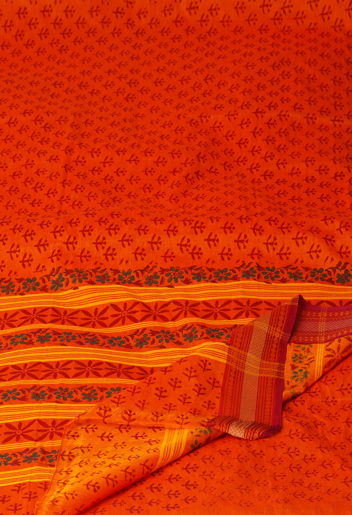 Orange Chettinadu Block Printed Cotton Saree-UNM71150