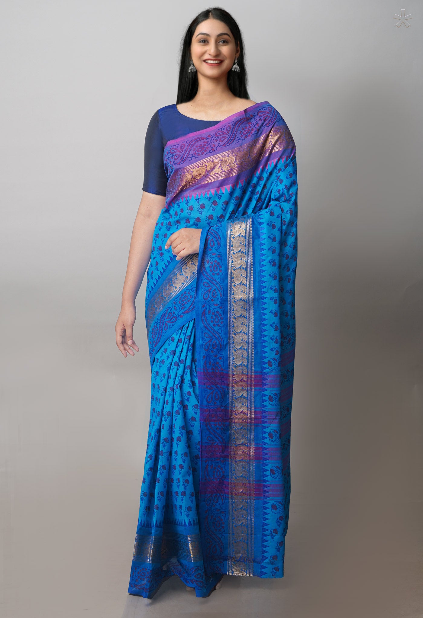 Blue Chettinadu Block Printed Cotton Saree-UNM71151