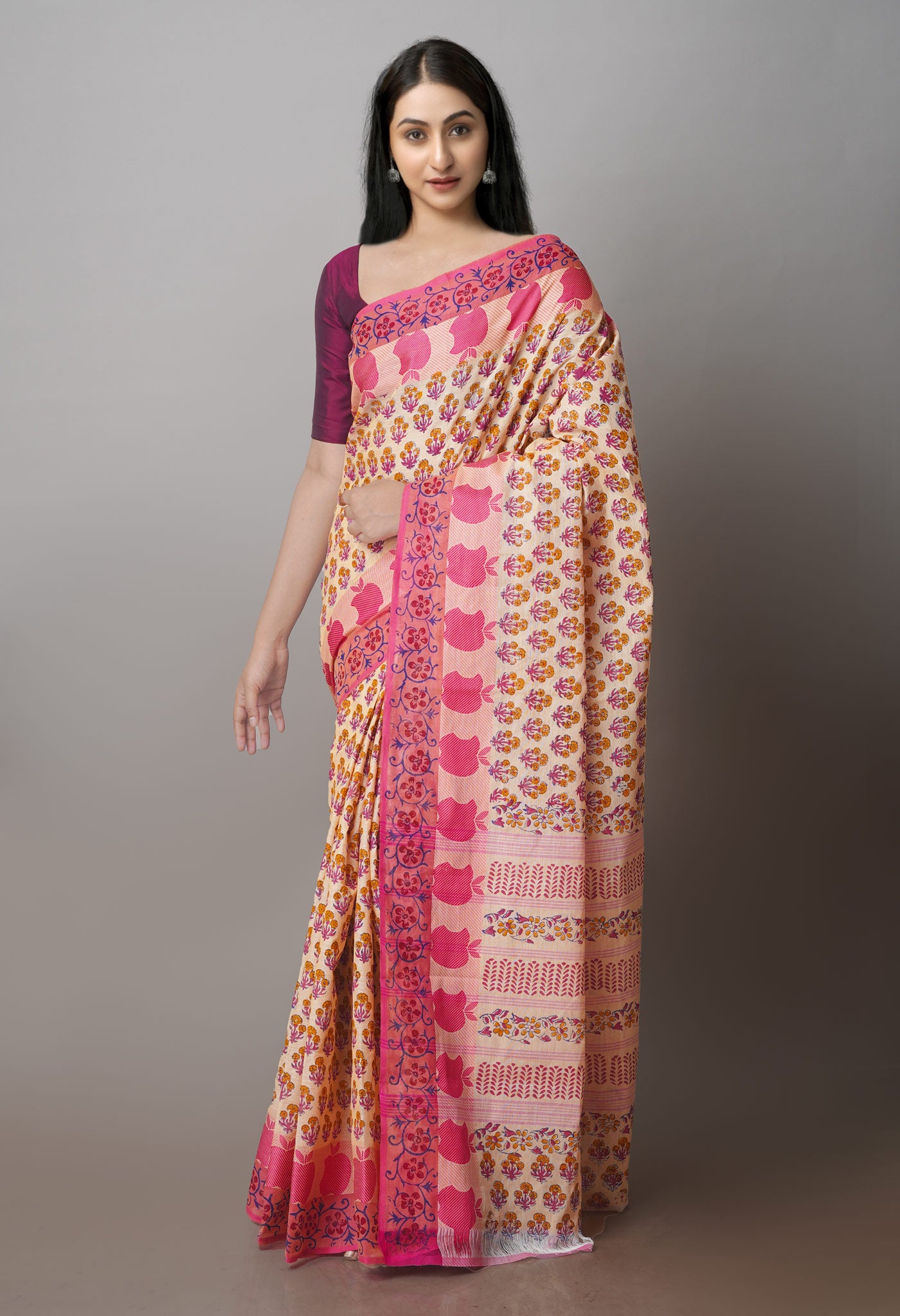 Cream Chettinadu Block Printed Butties Cotton Saree-UNM71163
