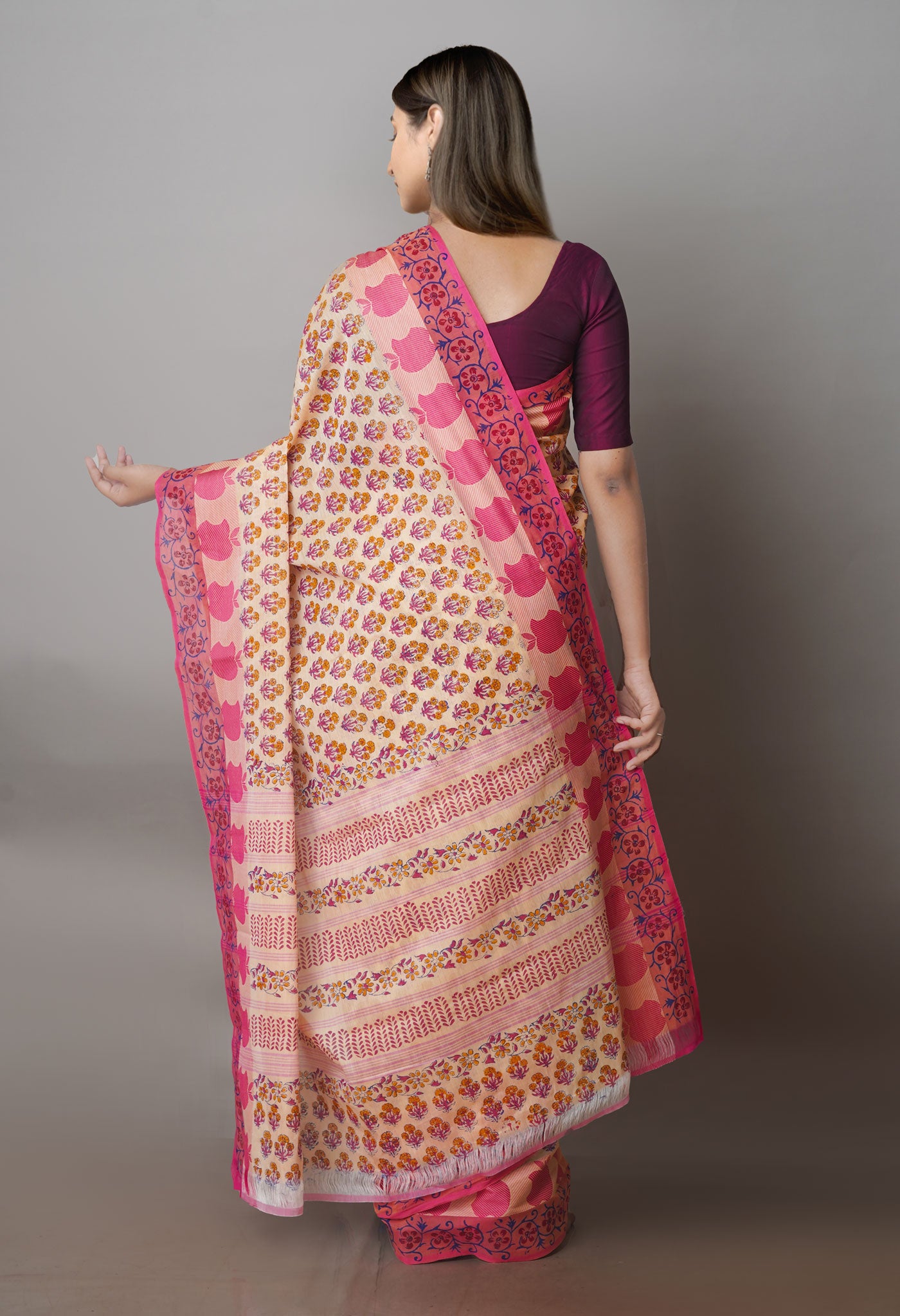 Cream Chettinadu Block Printed Butties Cotton Saree-UNM71163