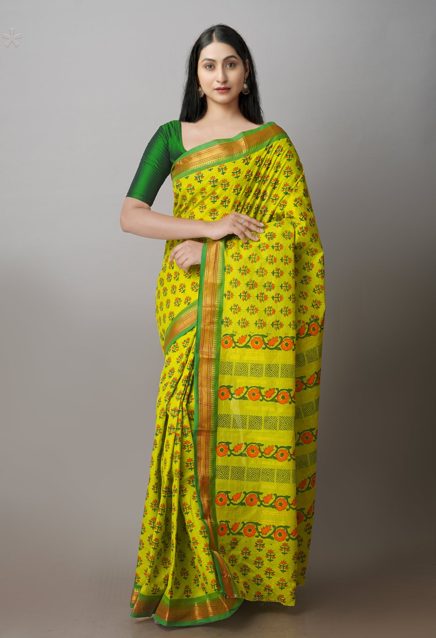 Green Chettinadu Block Printed Butties Cotton Saree-UNM71171