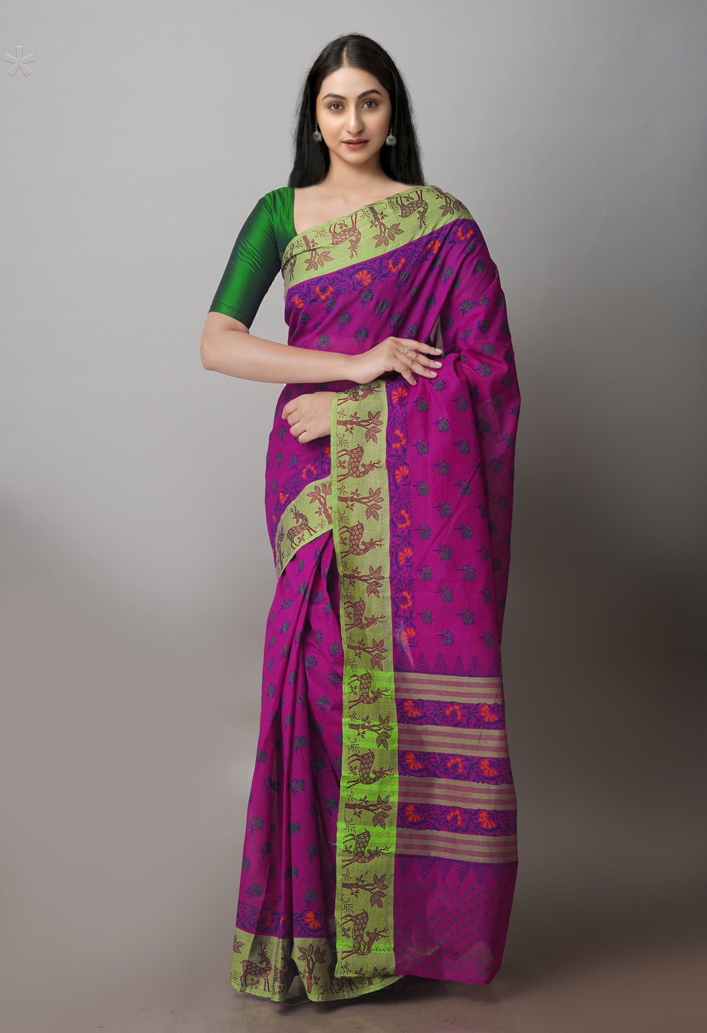Purple Chettinadu Block Printed Butties Cotton Saree-UNM71174