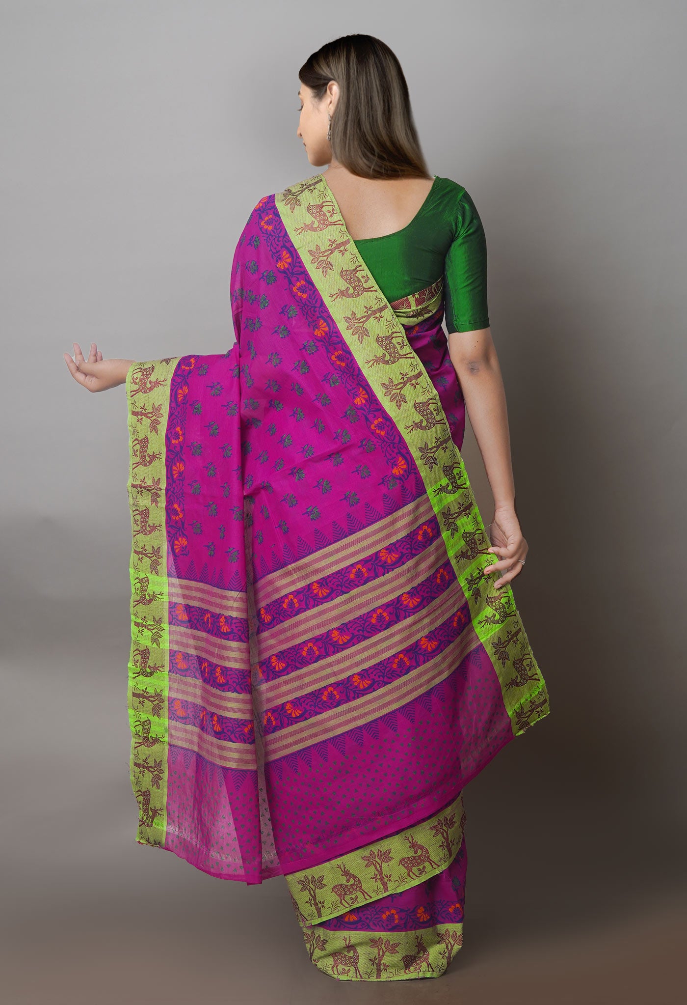 Purple Chettinadu Block Printed Butties Cotton Saree-UNM71174