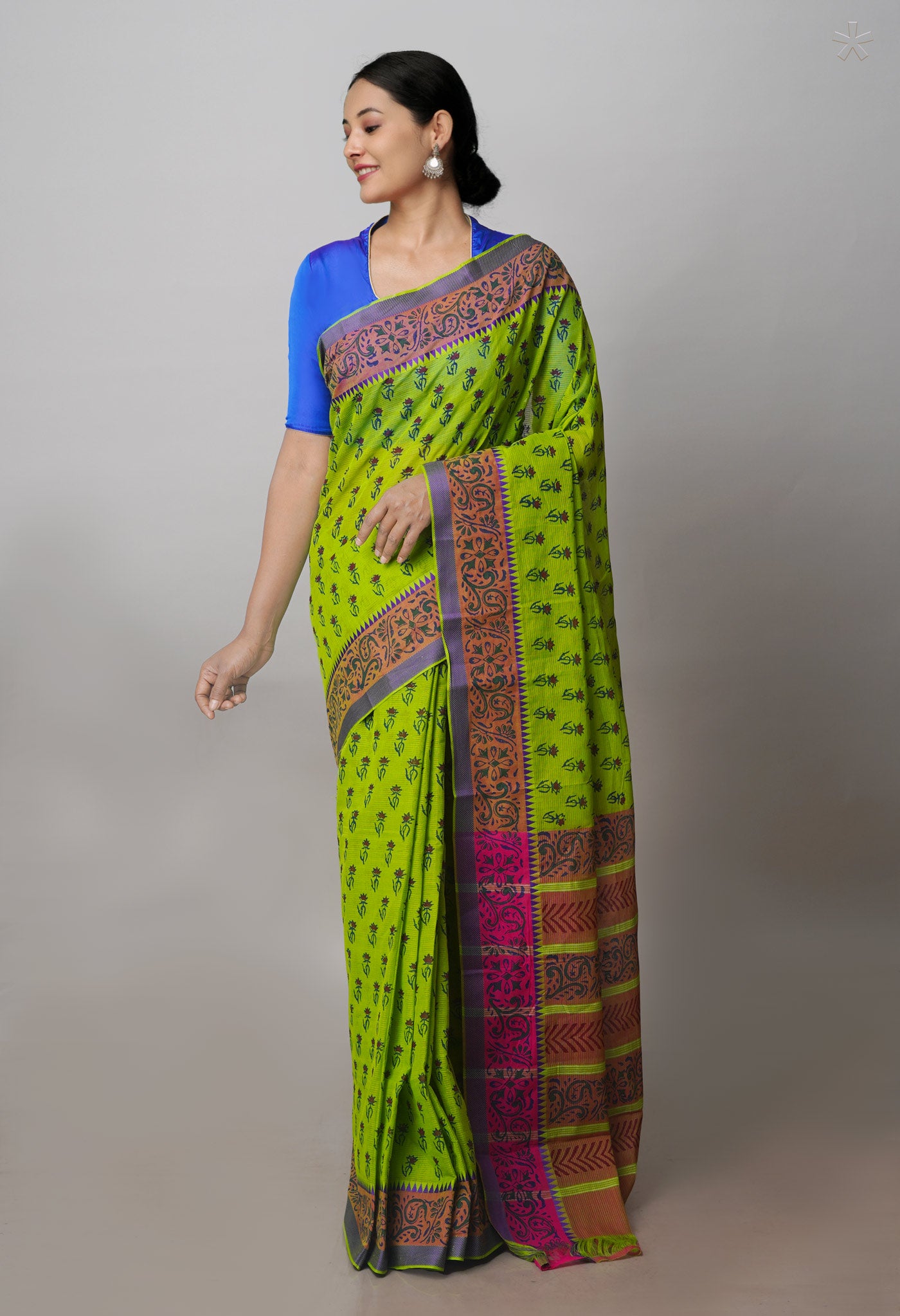 Parrot Green Mangalagiri Cotton Saree-UNM71186