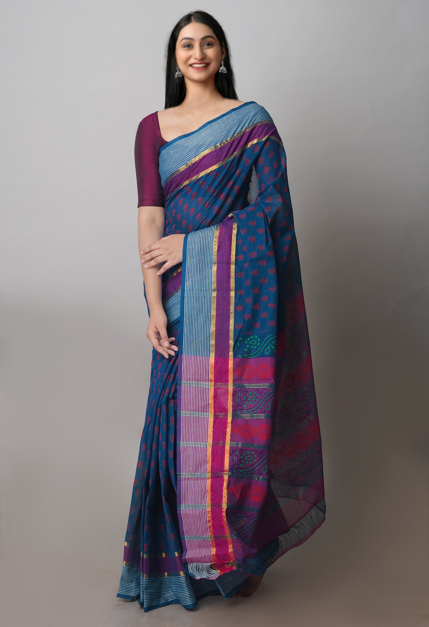 Ocean Blue Beige Mangalagiri Cotton Saree-UNM71187