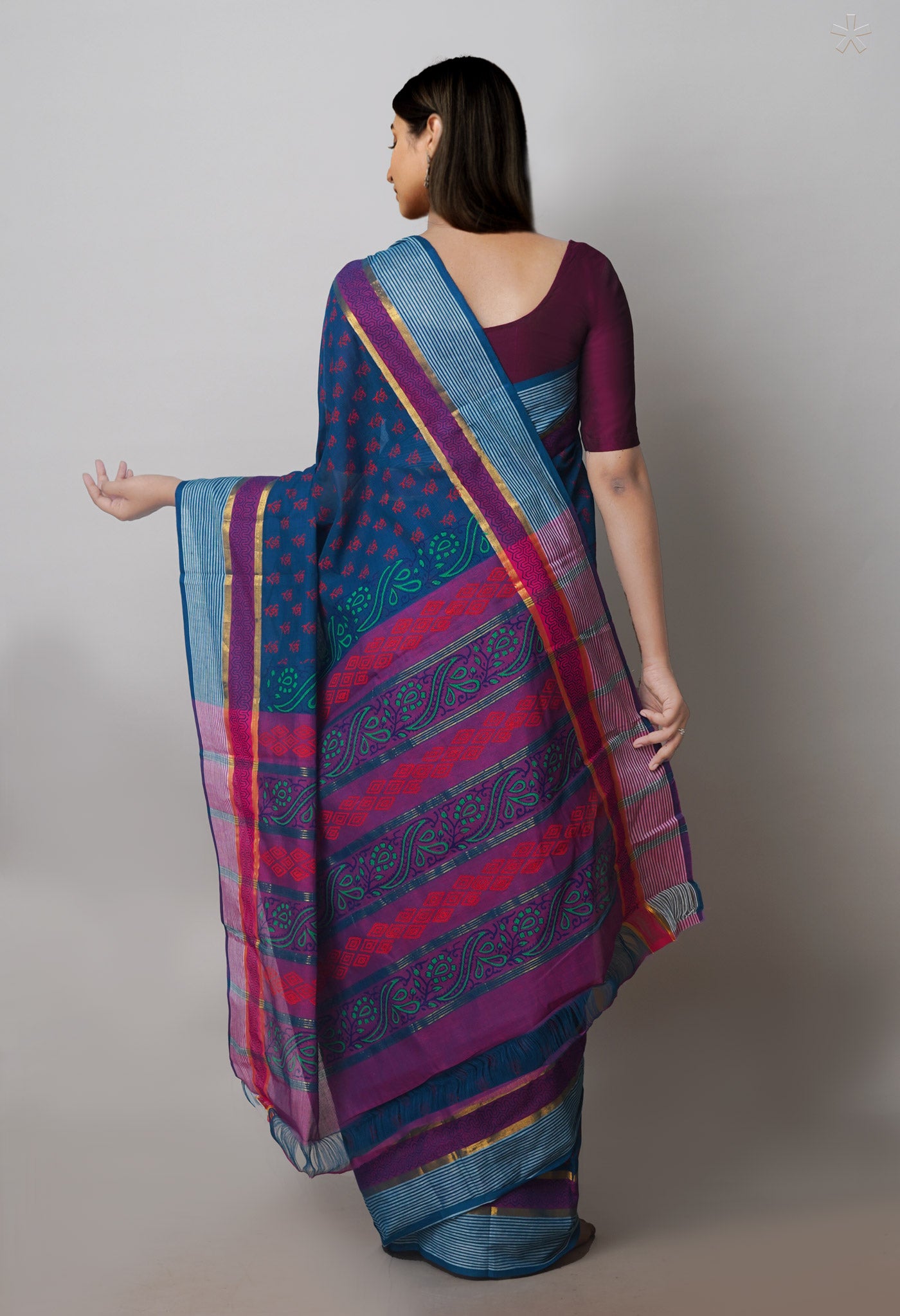 Ocean Blue Beige Mangalagiri Cotton Saree-UNM71187