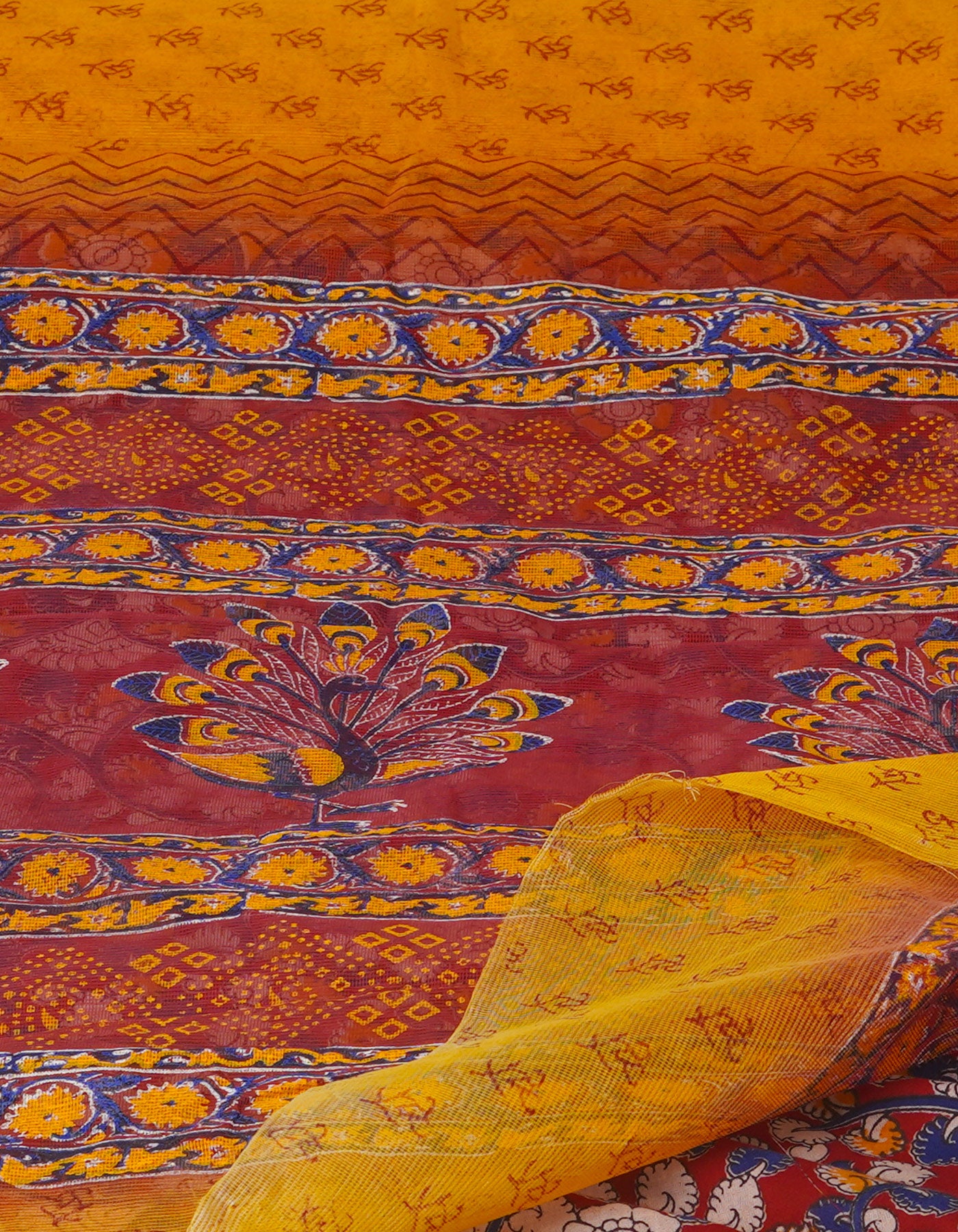 Yellow Block Printed Supernet Sarees-UNM71192
