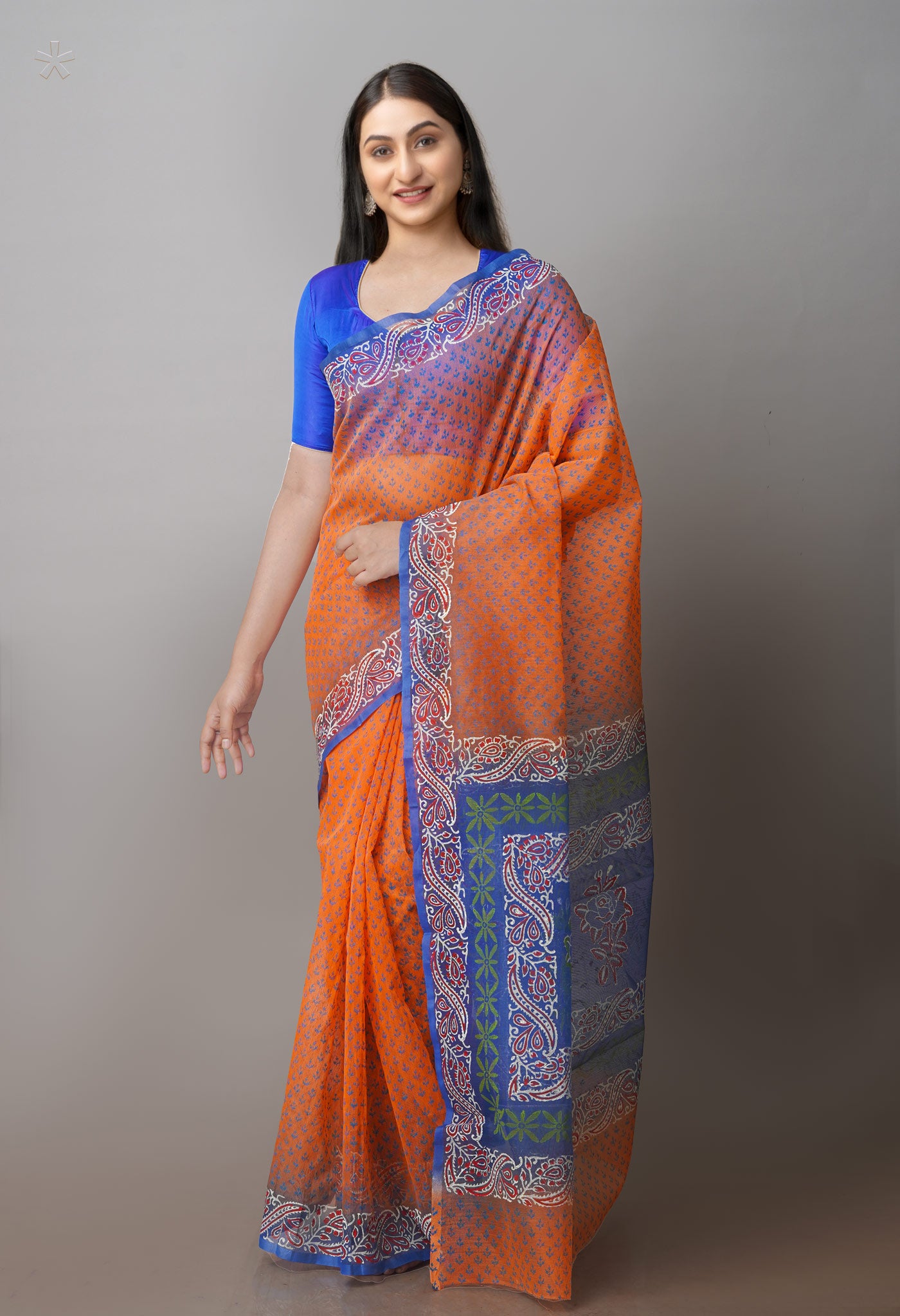 Orange Block Printed Supernet Sarees-UNM71195
