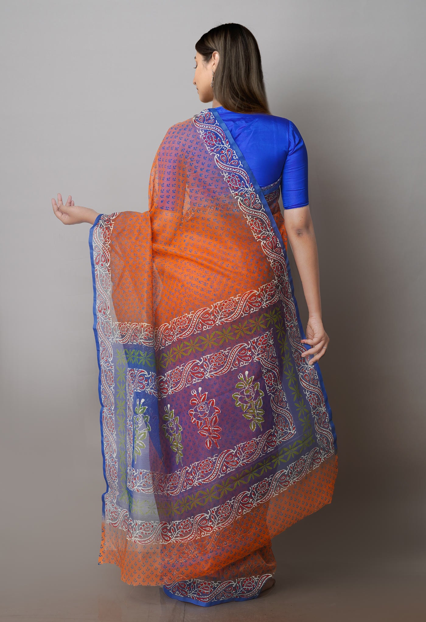 Orange Block Printed Supernet Sarees-UNM71195