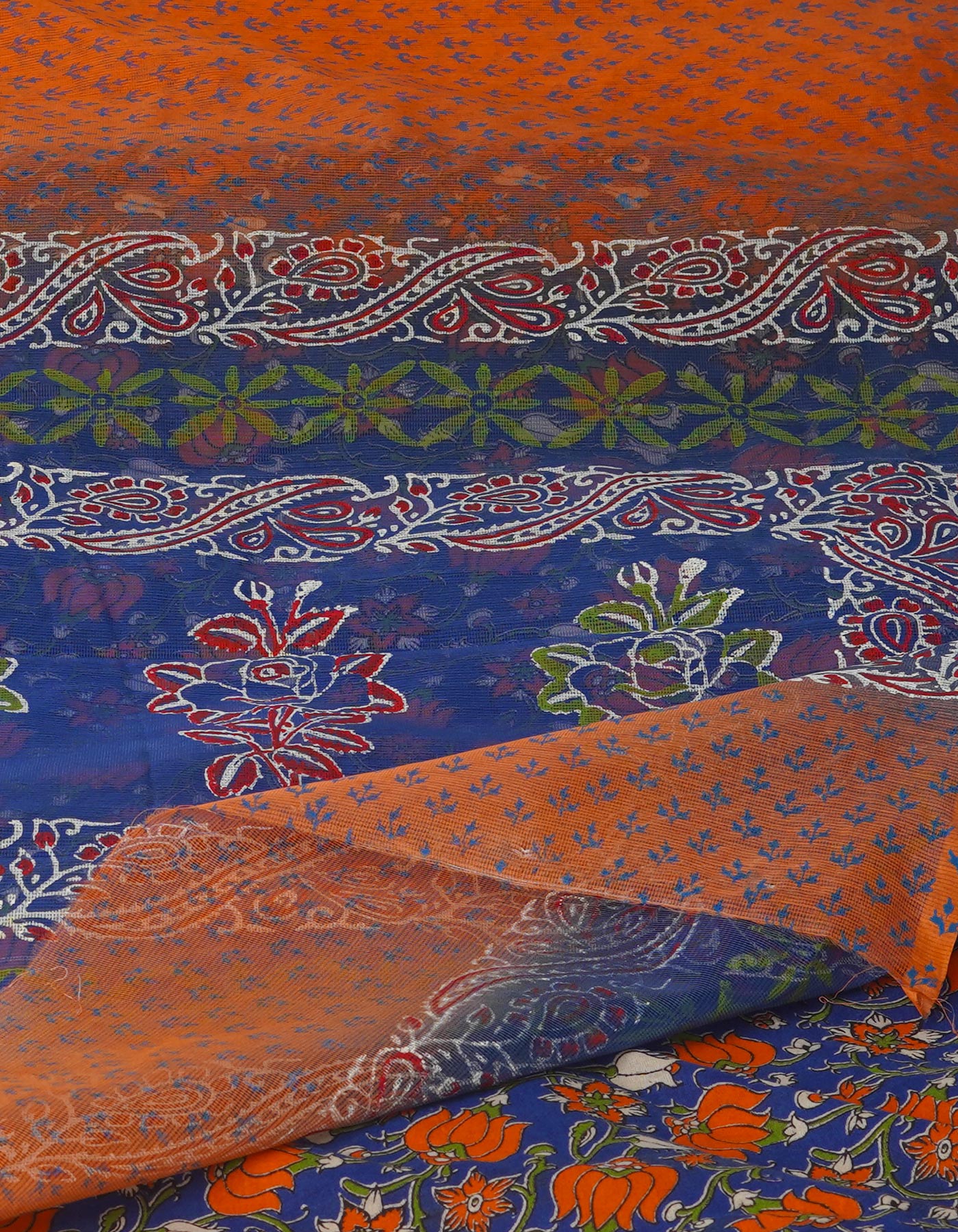 Orange Block Printed Supernet Sarees-UNM71195