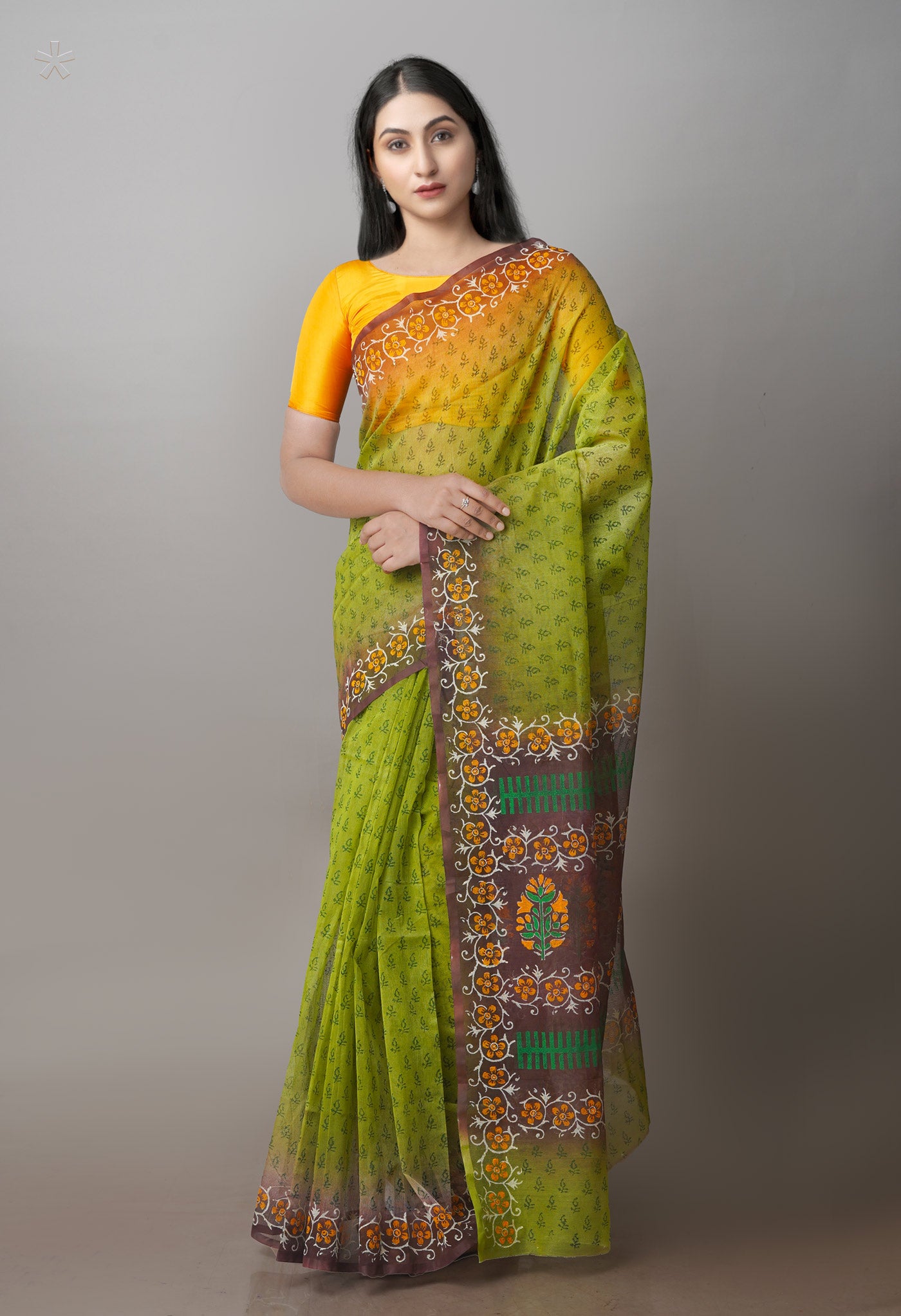 Green Block Printed Supernet Sarees-UNM71197