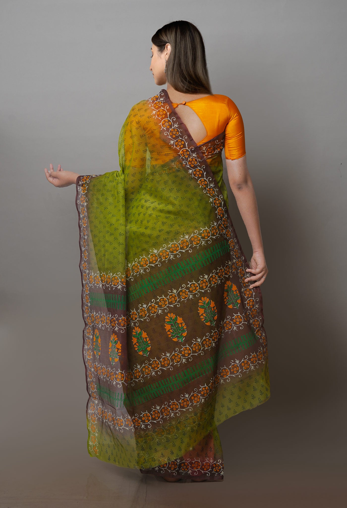 Green Block Printed Supernet Sarees-UNM71197