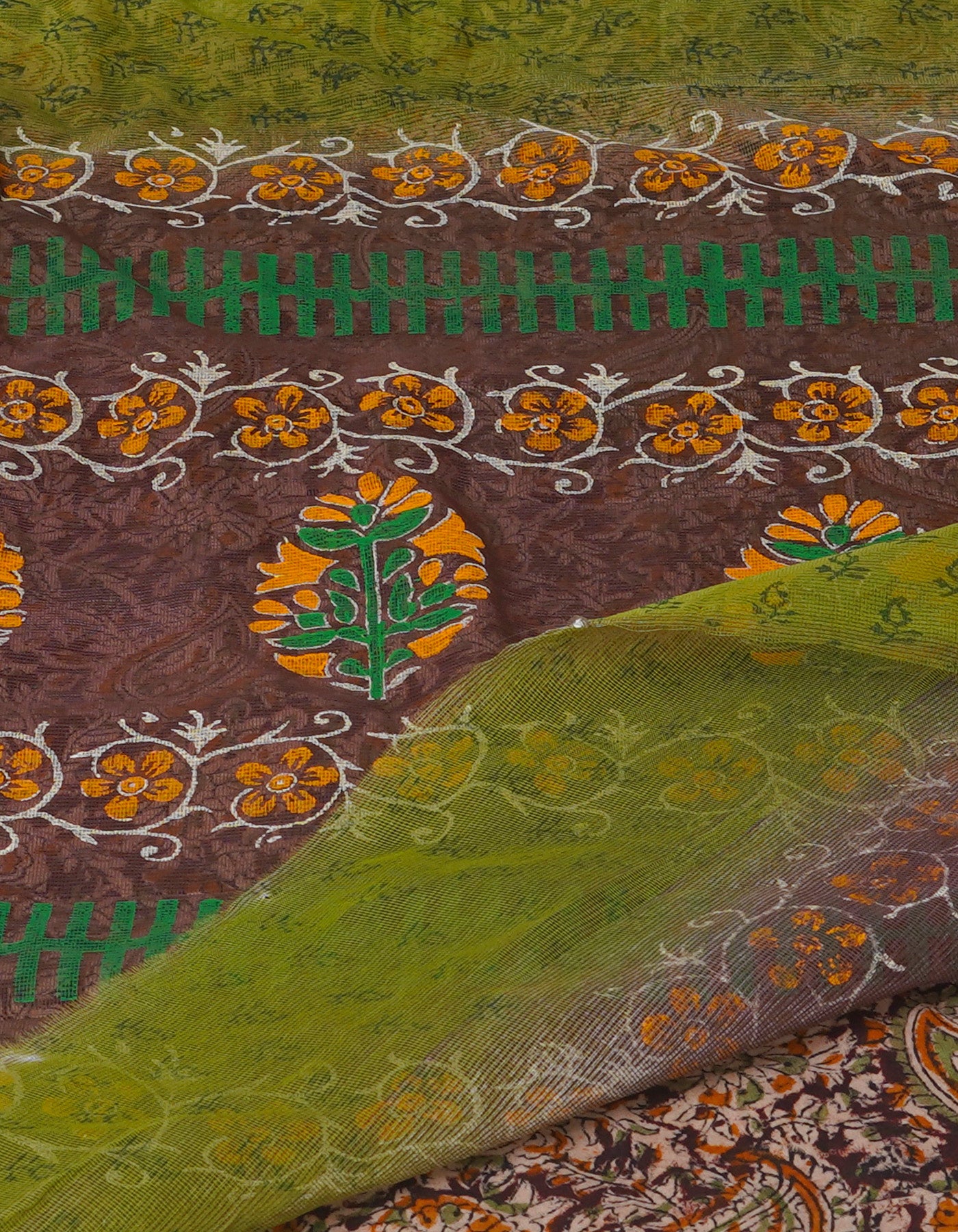 Green Block Printed Supernet Sarees-UNM71197