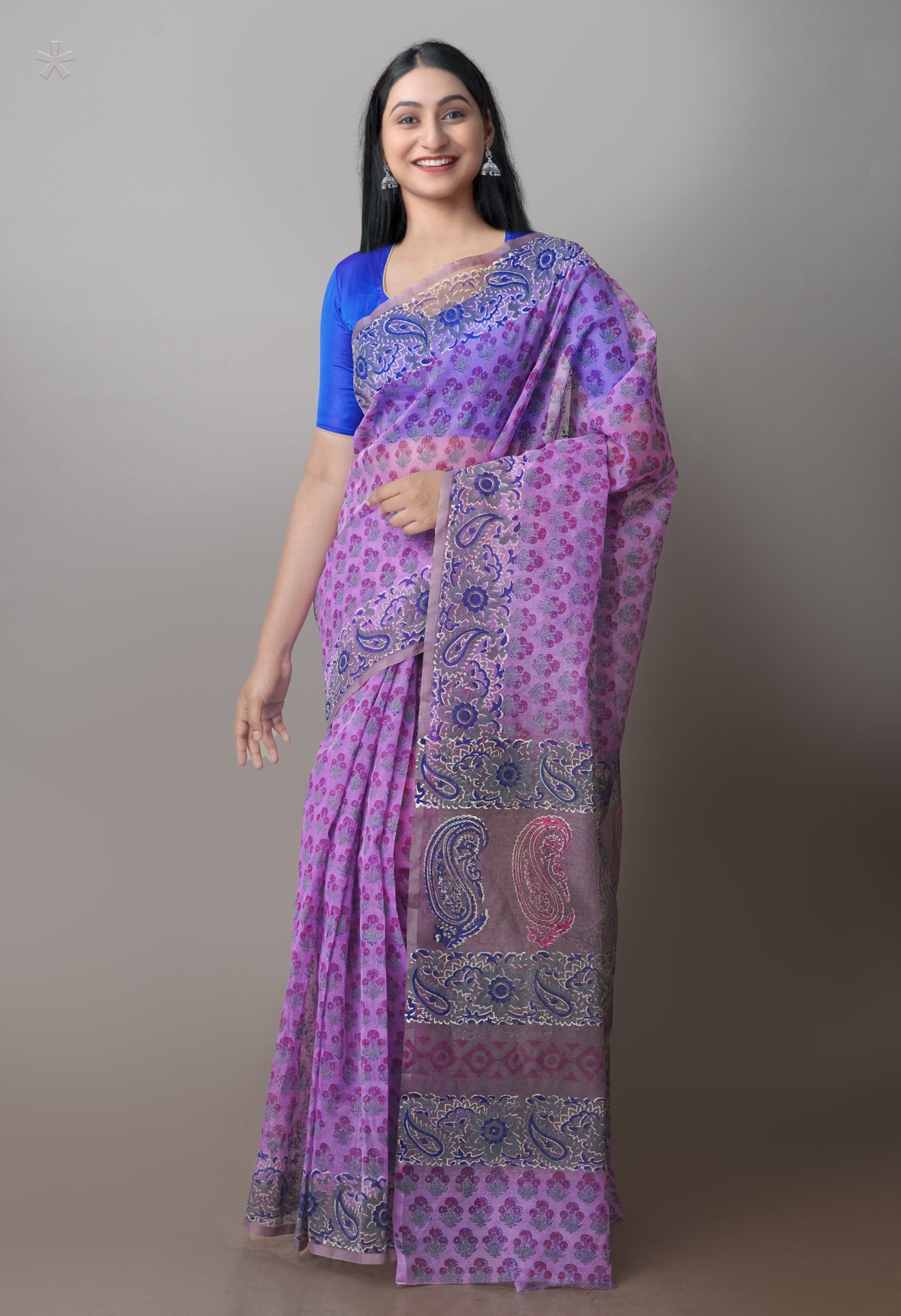 Violet Block Printed Supernet Sarees-UNM71199