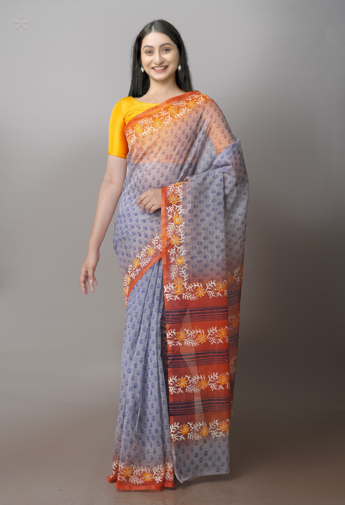 Grey Block Printed Supernet Sarees-UNM71200