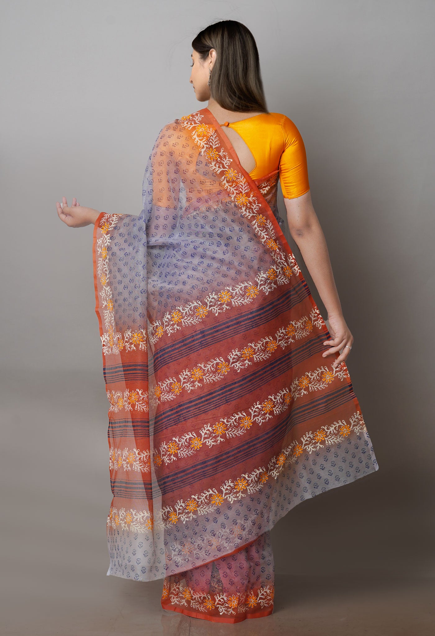 Grey Block Printed Supernet Sarees-UNM71200