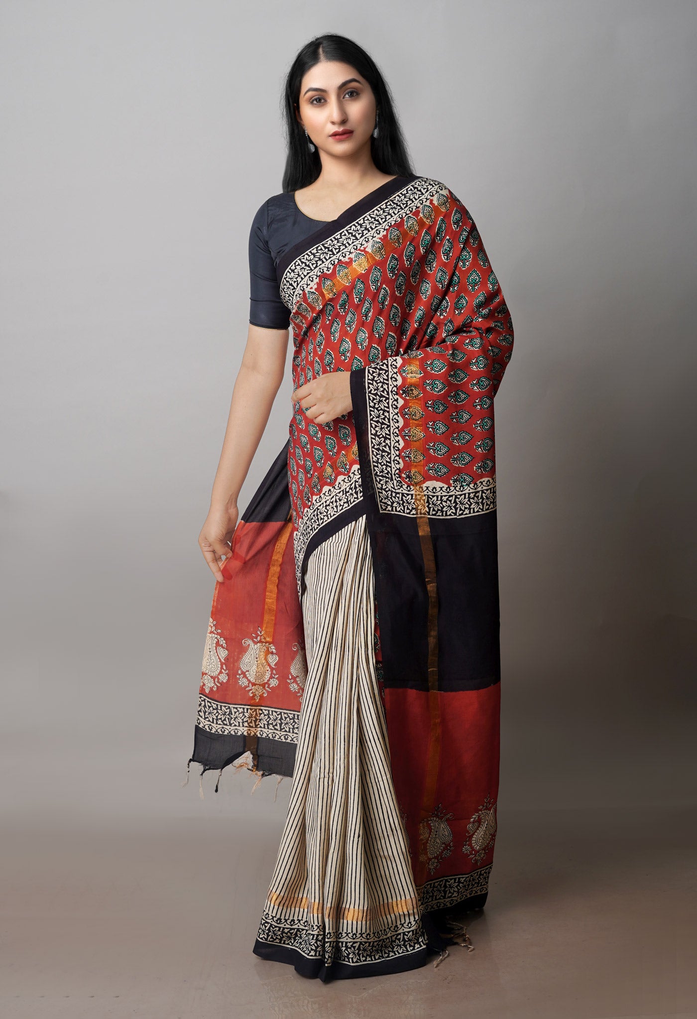 Maroon Bagru Printed Soft Silk Saree-UNM71202